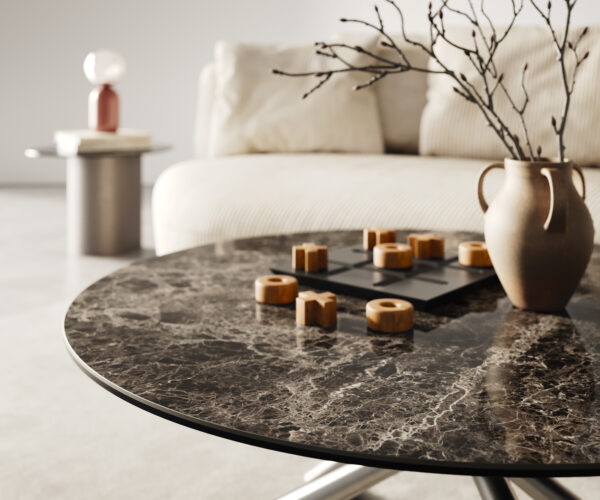 Dohányzóasztal Edge kerek 90x90 cm Laminam® Emperador extra fényes sötétbarna rozsdamentes acél szálcsiszolt - Image 4