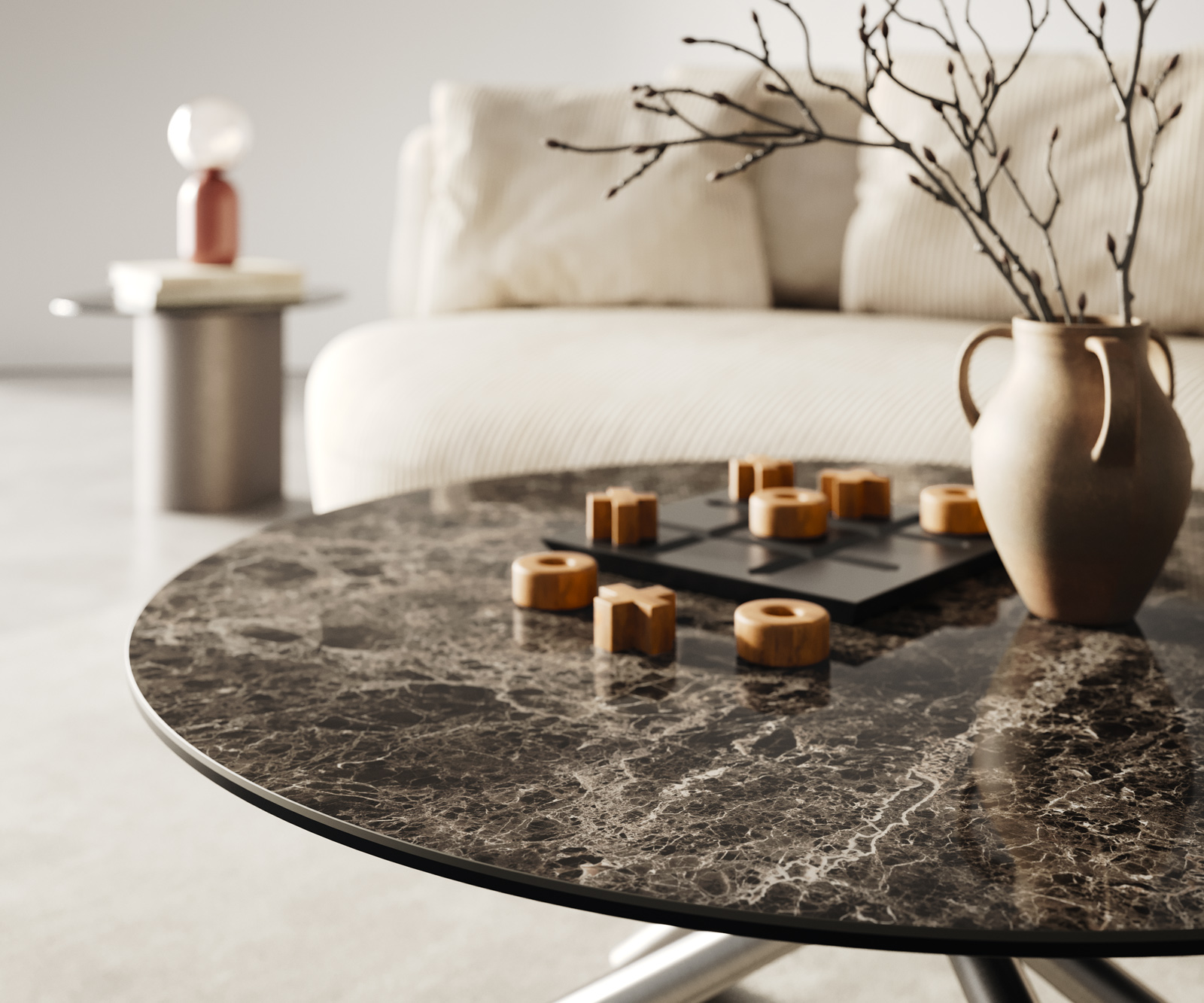 Dohányzóasztal Edge kerek 90x90 cm Laminam® Emperador extra fényes sötétbarna rozsdamentes acél szálcsiszolt - Image 4