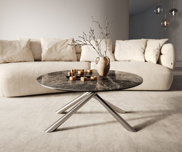 Dohányzóasztal Edge kerek 90x90 cm Laminam® Emperador extra fényes sötétbarna rozsdamentes acél szálcsiszolt - Image 6