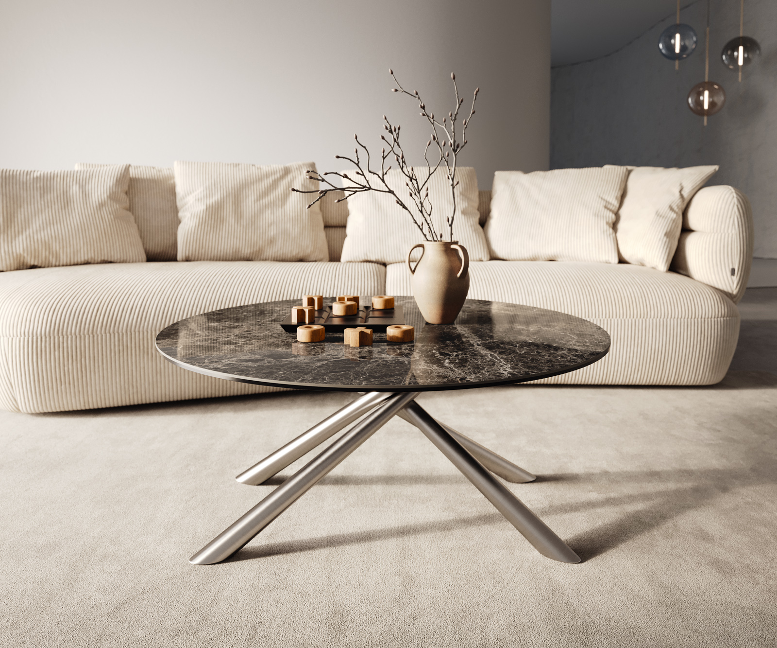 Dohányzóasztal Edge kerek 90x90 cm Laminam® Emperador extra fényes sötétbarna rozsdamentes acél szálcsiszolt - Image 6