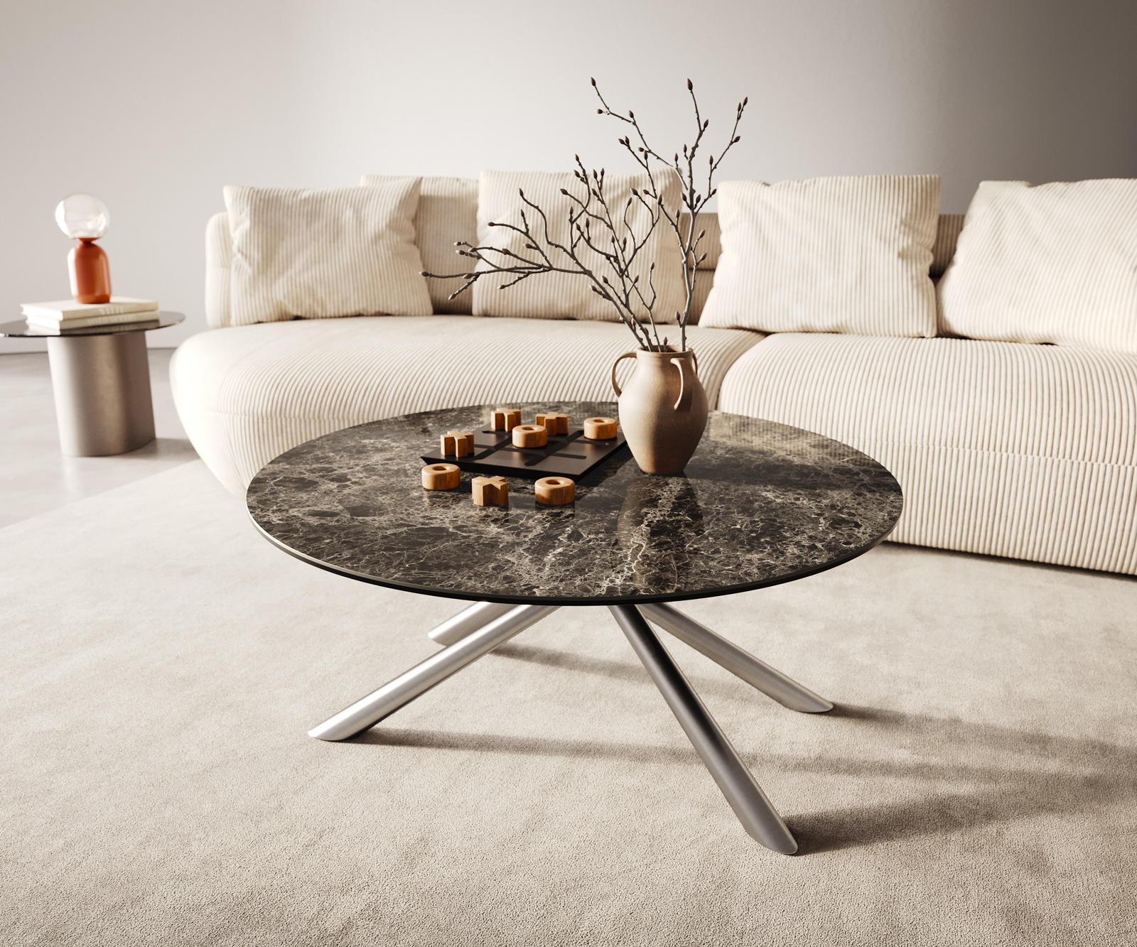Dohányzóasztal Edge kerek 90x90 cm Laminam® Emperador extra fényes sötétbarna rozsdamentes acél szálcsiszolt
