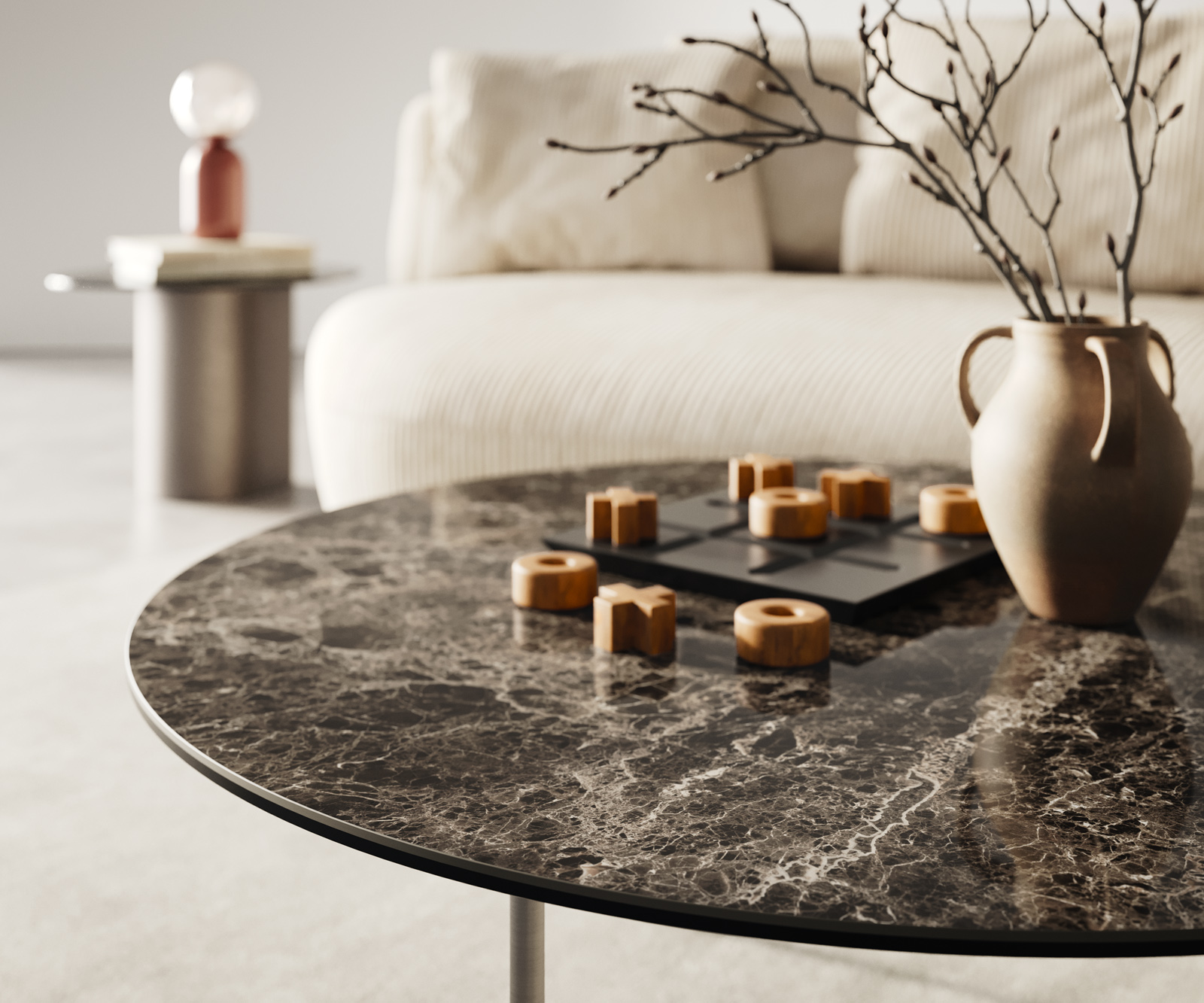 Dohányzóasztal Edge kerek 90x90 cm Laminam® Emperador extra polírozott sötétbarna Trive rozsdamentes acél szálcsiszolt - Image 6
