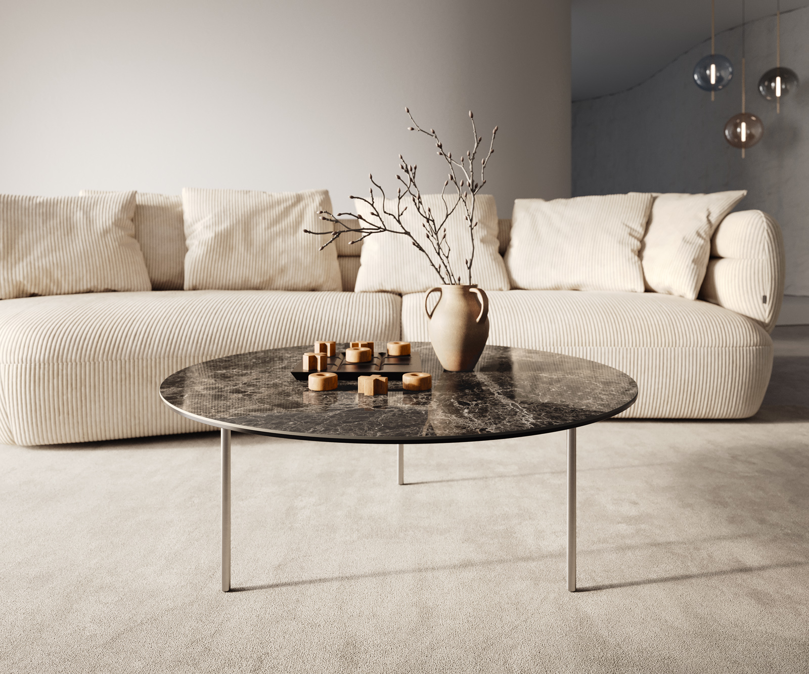 Dohányzóasztal Edge kerek 90x90 cm Laminam® Emperador extra polírozott sötétbarna Trive rozsdamentes acél szálcsiszolt - Image 2