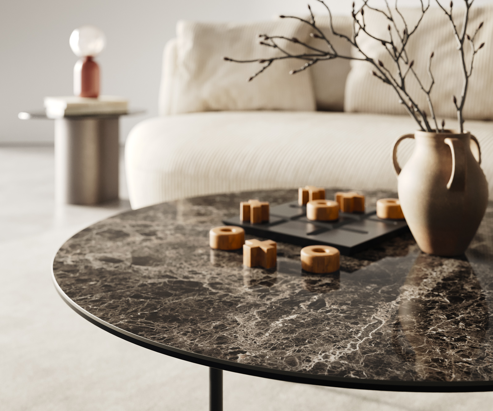 Dohányzóasztal Edge kerek 90x90 cm Laminam® Emperador extra polírozott sötétbarna Trive fém fekete - Image 6