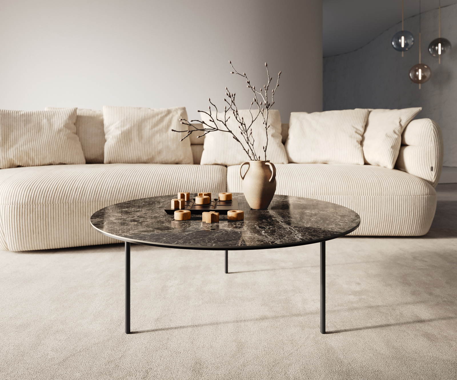 Dohányzóasztal Edge kerek 90x90 cm Laminam® Emperador extra polírozott sötétbarna Trive fém fekete - Image 4