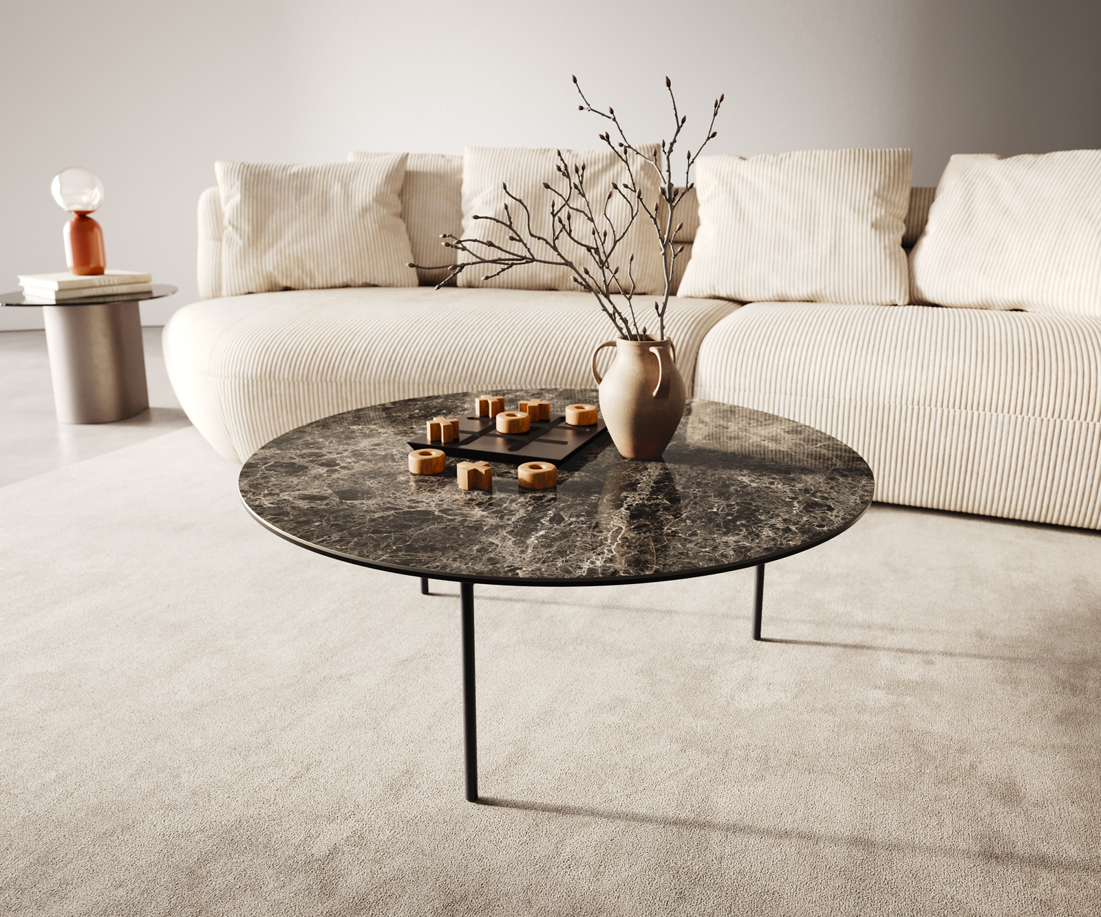 Dohányzóasztal Edge kerek 90x90 cm Laminam® Emperador extra polírozott sötétbarna Trive fém fekete