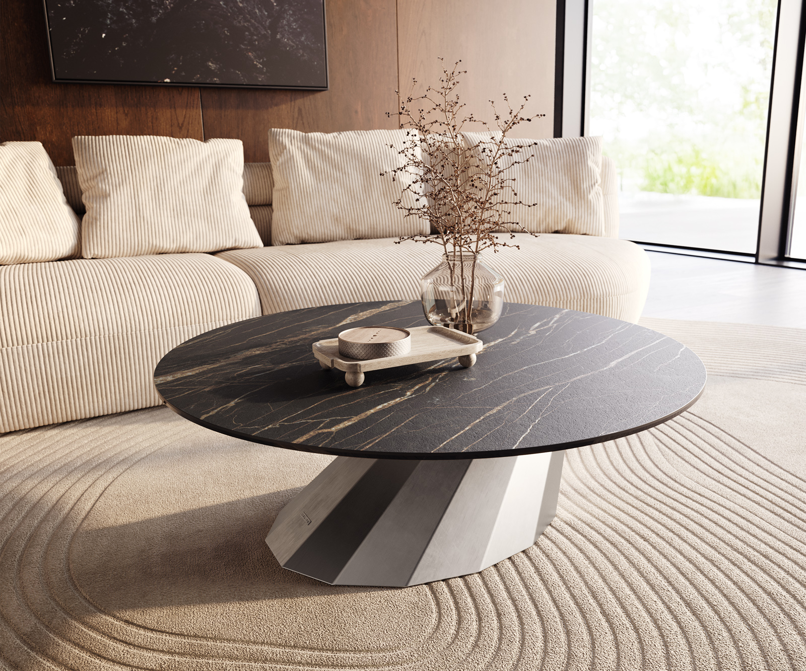 Dohányzóasztal Edge kerek 100x100 cm Laminam® kerámia Noir Desir barna Parabi rozsdamentes acél szálcsiszolt