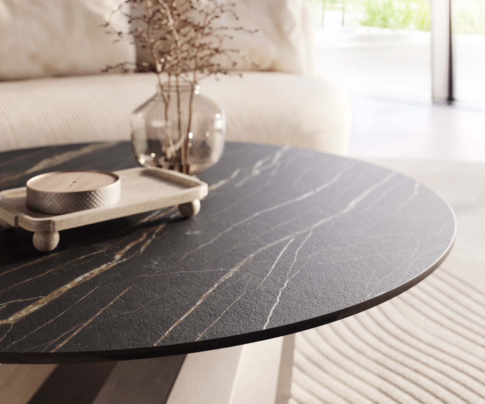 Dohányzóasztal Edge kerek 100x100 cm Laminam® kerámia Noir Desir barna Parabi rozsdamentes acél szálcsiszolt - Image 4