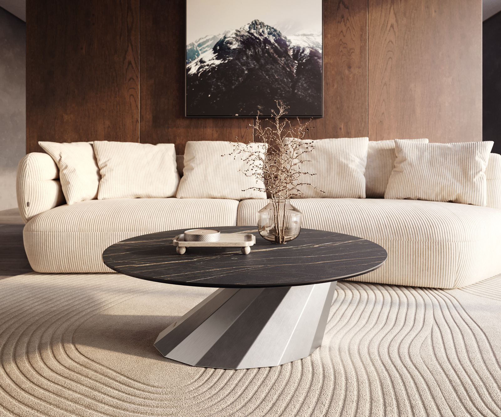 Dohányzóasztal Edge kerek 100x100 cm Laminam® kerámia Noir Desir barna Parabi rozsdamentes acél szálcsiszolt - Image 6