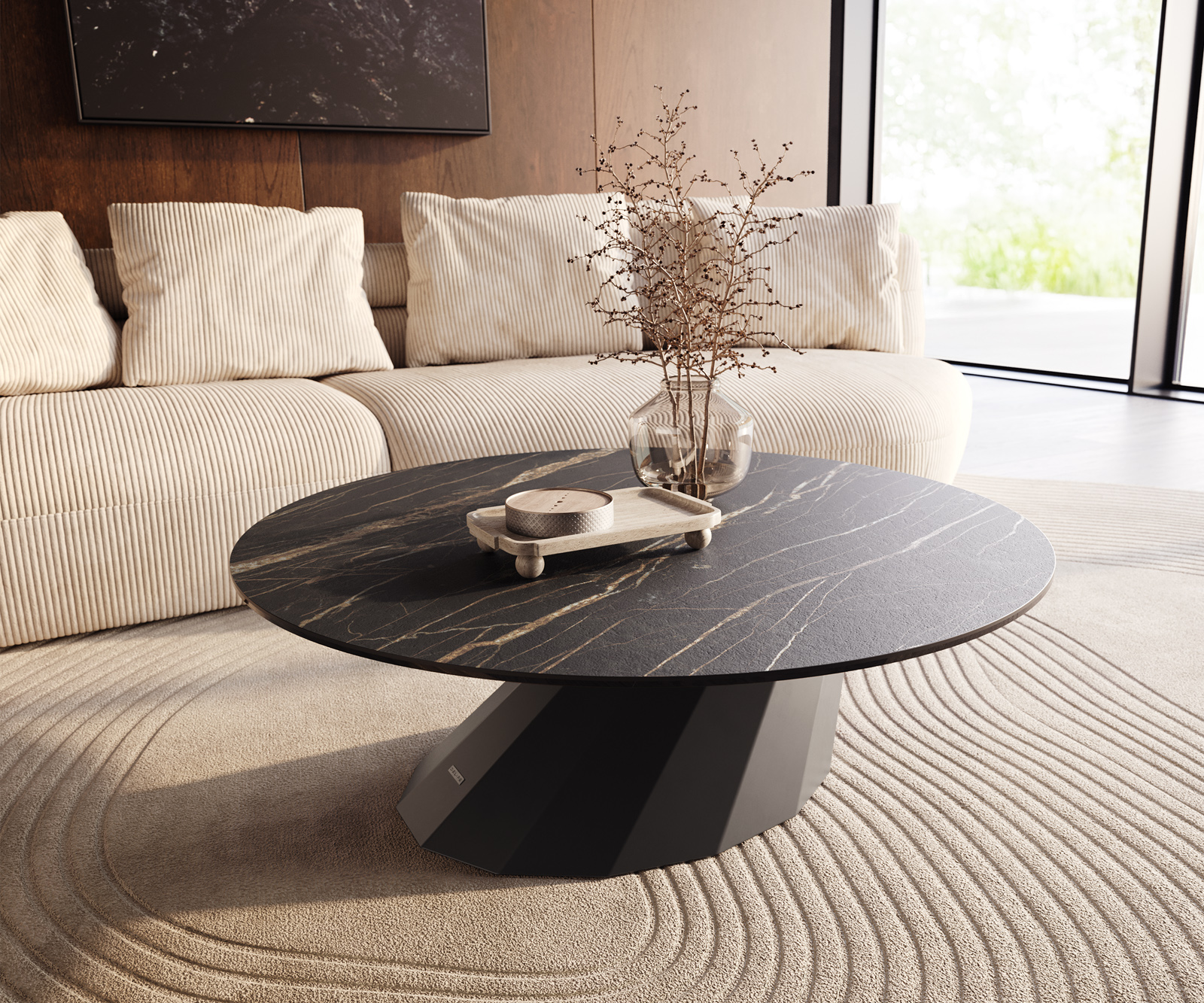 Dohányzóasztal Edge kerek 100x100 cm Laminam® kerámia Noir Desir barna Parabi fém fekete