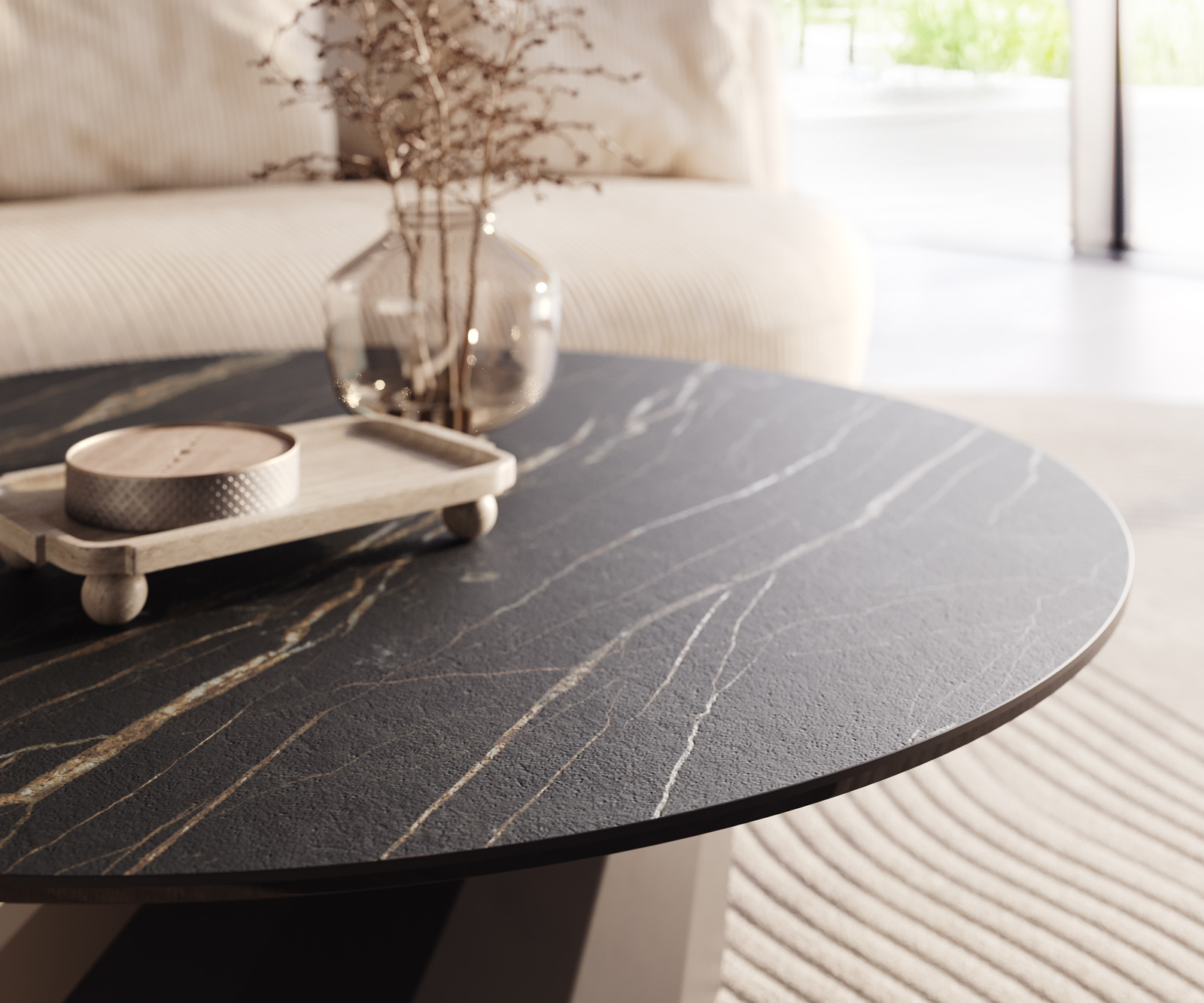 Dohányzóasztal Edge kerek 100x100 cm Laminam® kerámia Noir Desir barna Parabi fém fekete - Image 4