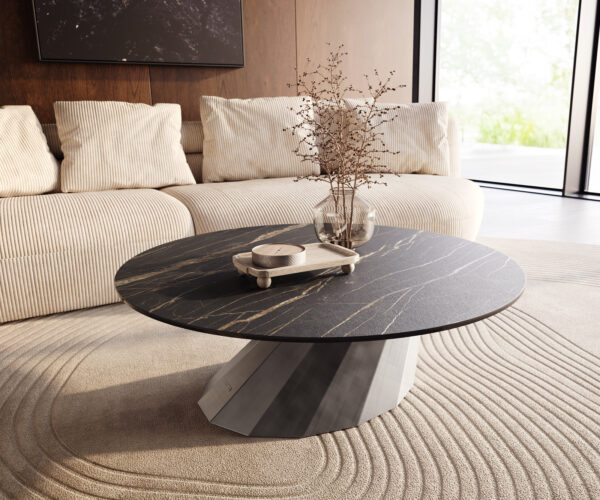 Dohányzóasztal Edge kerek 100x100 cm Laminam® kerámia Noir Desir barna Parabi metál ezüst