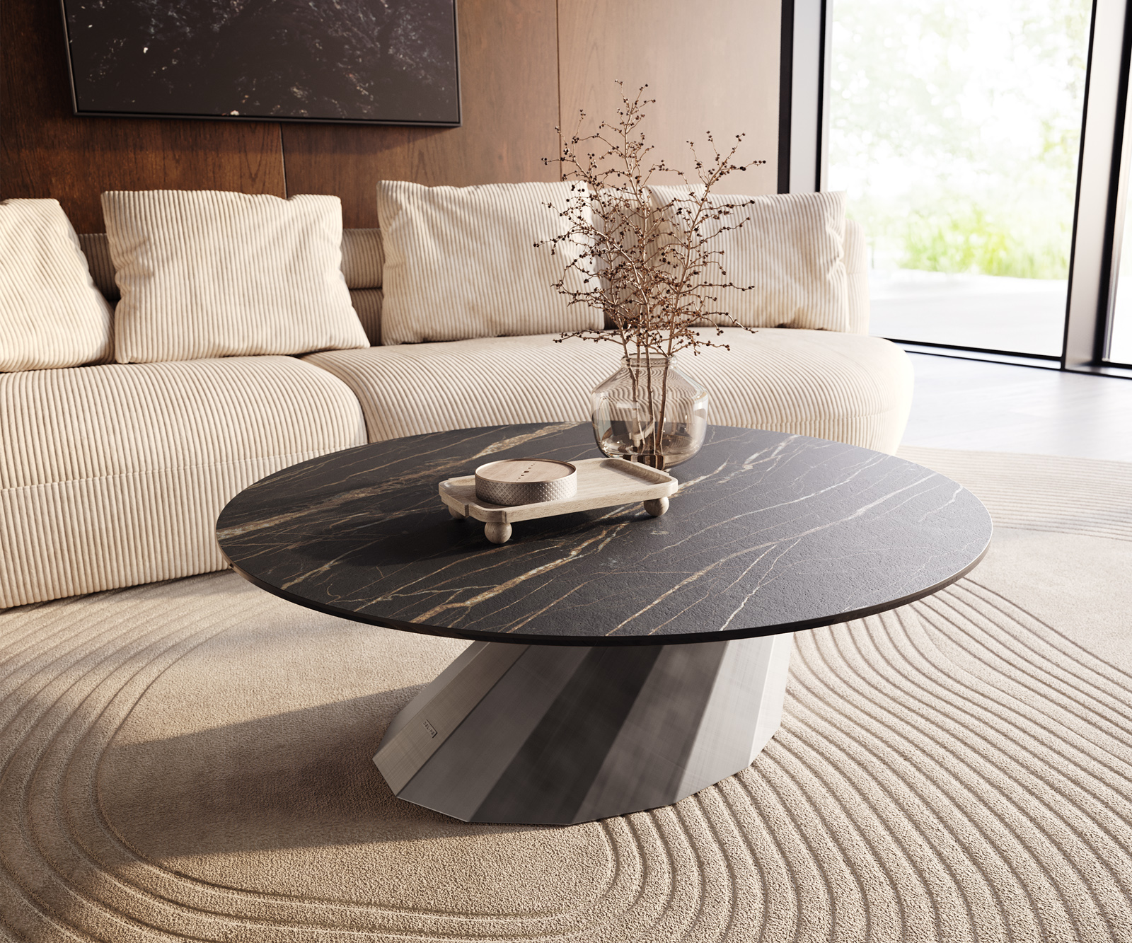 Dohányzóasztal Edge kerek 100x100 cm Laminam® kerámia Noir Desir barna Parabi metál ezüst