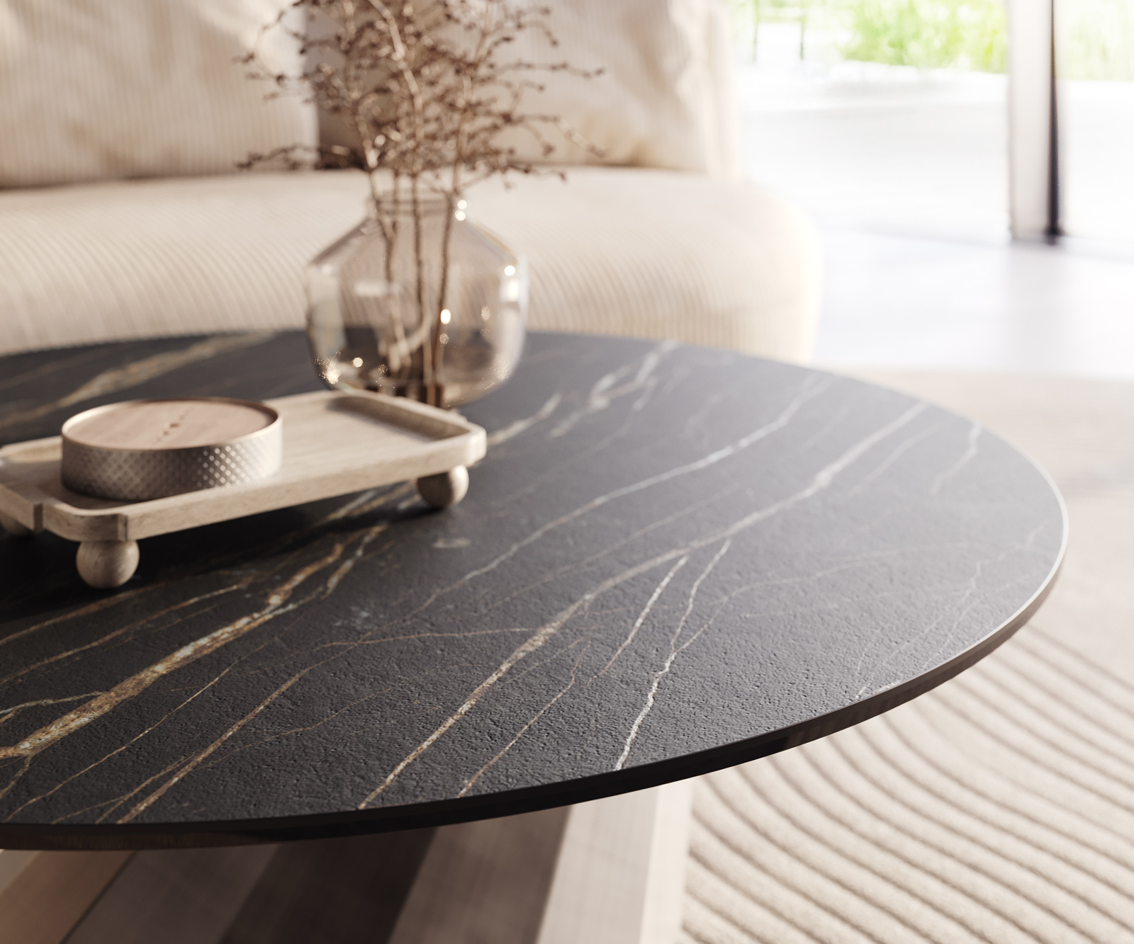 Dohányzóasztal Edge kerek 100x100 cm Laminam® kerámia Noir Desir barna Parabi metál ezüst - Image 4