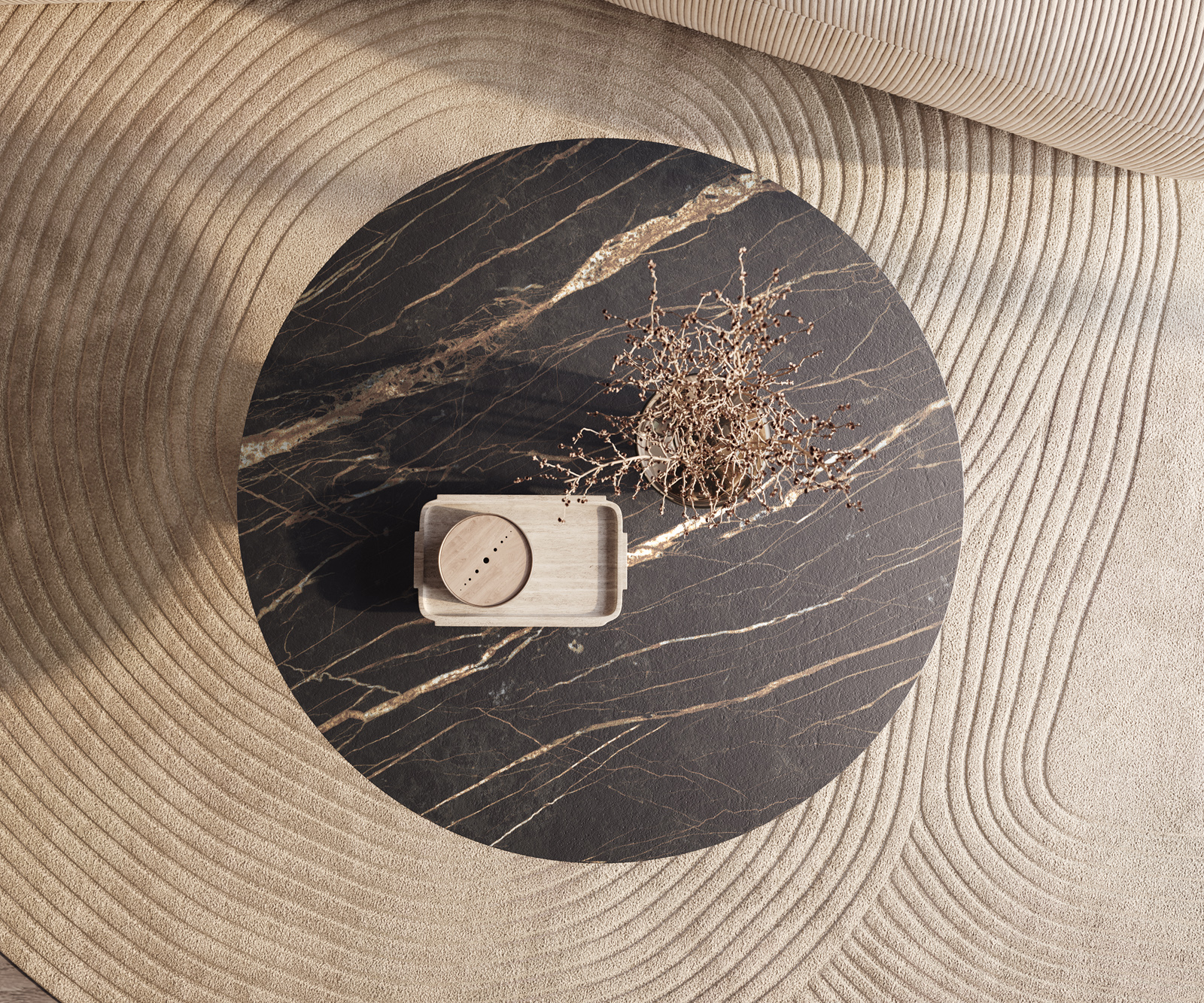 Dohányzóasztal Edge kerek 100x100 cm Laminam® kerámia Noir Desir barna Parabi metál ezüst - Image 2