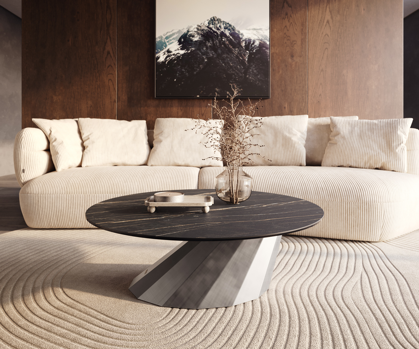 Dohányzóasztal Edge kerek 100x100 cm Laminam® kerámia Noir Desir barna Parabi metál ezüst - Image 6