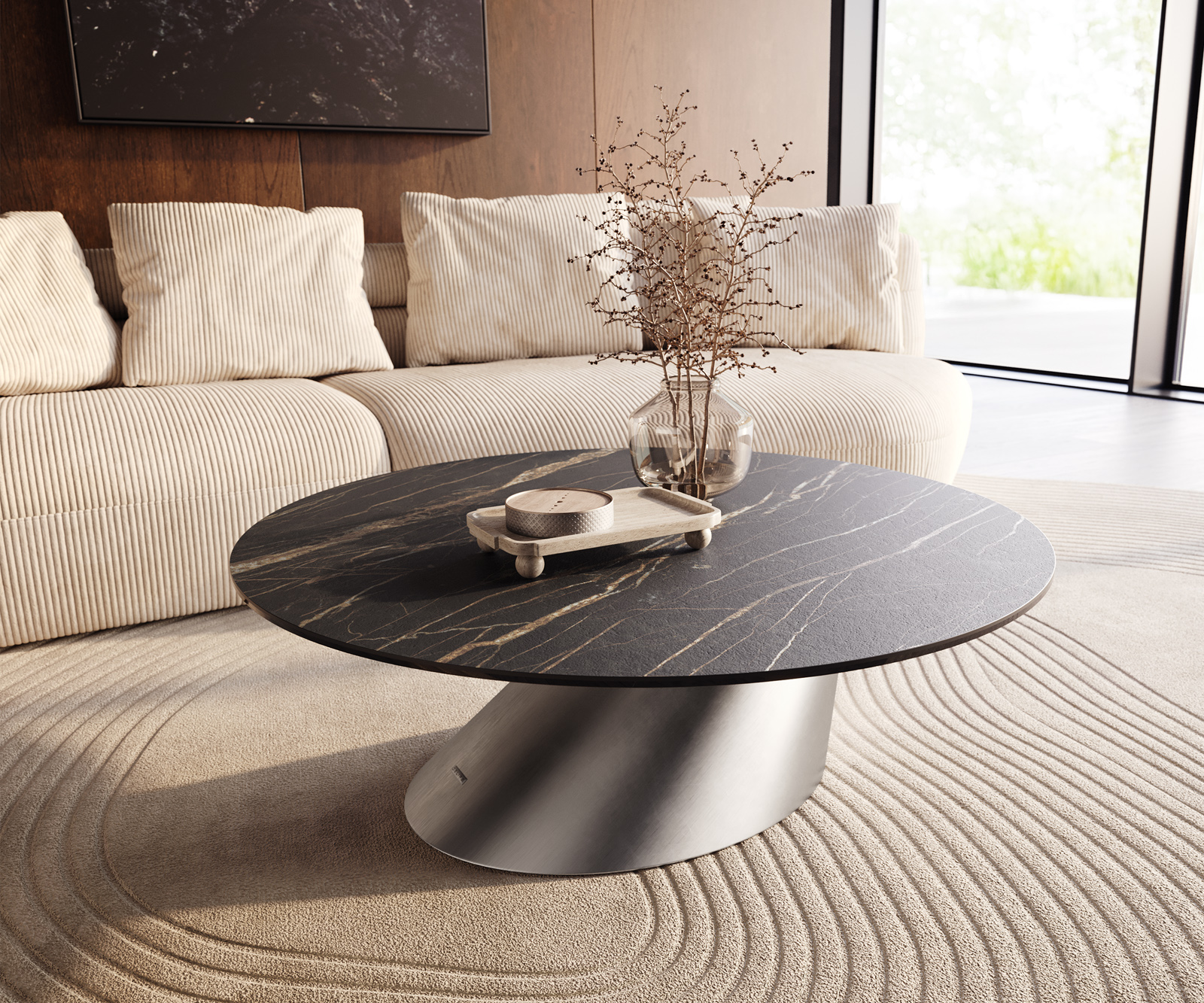 Dohányzóasztal Edge kerek 100x100 cm Laminam® kerámia Noir Desir barna Conis rozsdamentes acél szálcsiszolt