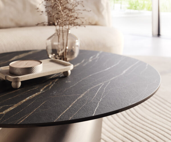 Dohányzóasztal Edge kerek 100x100 cm Laminam® kerámia Noir Desir barna Conis rozsdamentes acél szálcsiszolt - Image 4