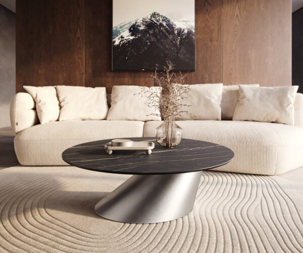 Dohányzóasztal Edge kerek 100x100 cm Laminam® kerámia Noir Desir barna Conis rozsdamentes acél szálcsiszolt - Image 6