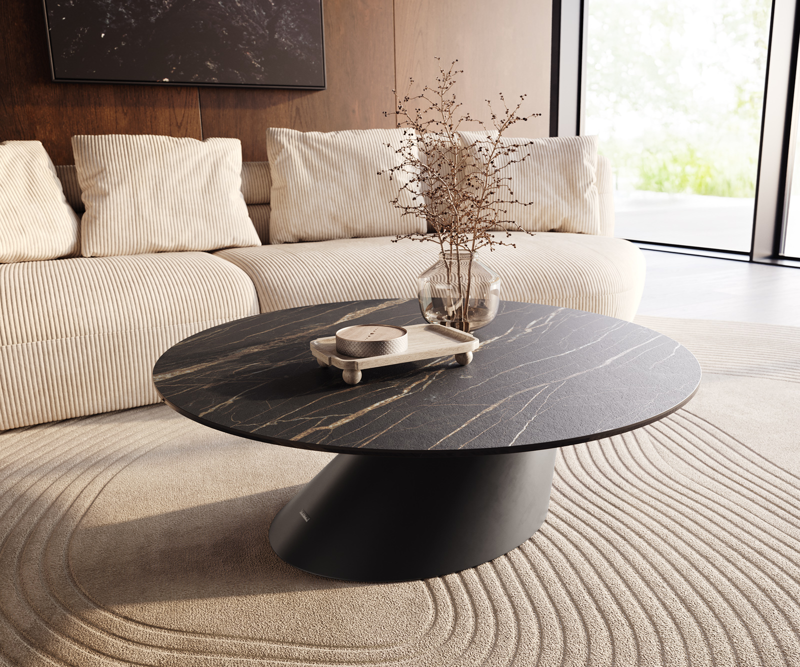 Dohányzóasztal Edge kerek 100x100 cm Laminam® kerámia Noir Desir barna Conis fém fekete