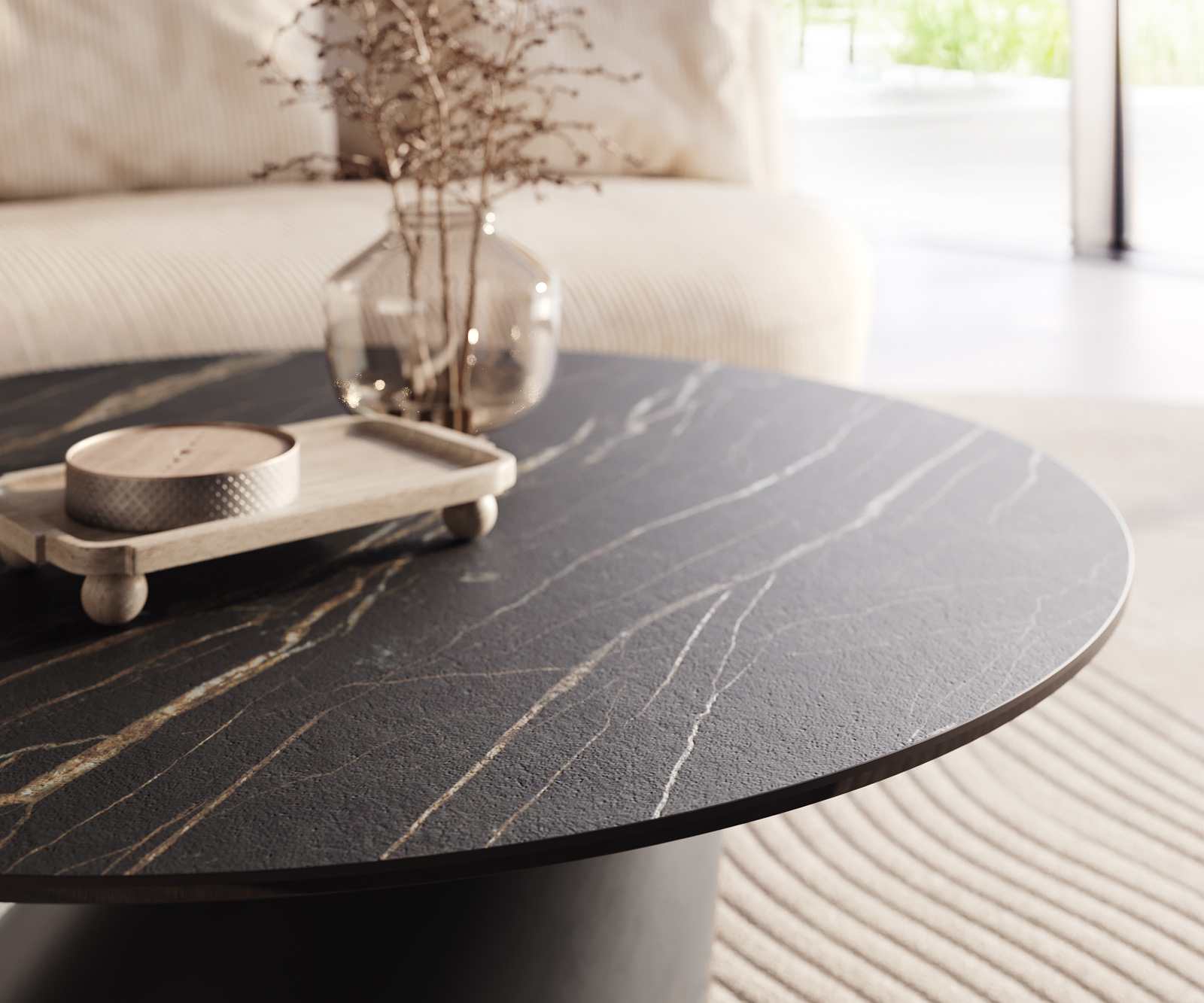 Dohányzóasztal Edge kerek 100x100 cm Laminam® kerámia Noir Desir barna Conis fém fekete - Image 4
