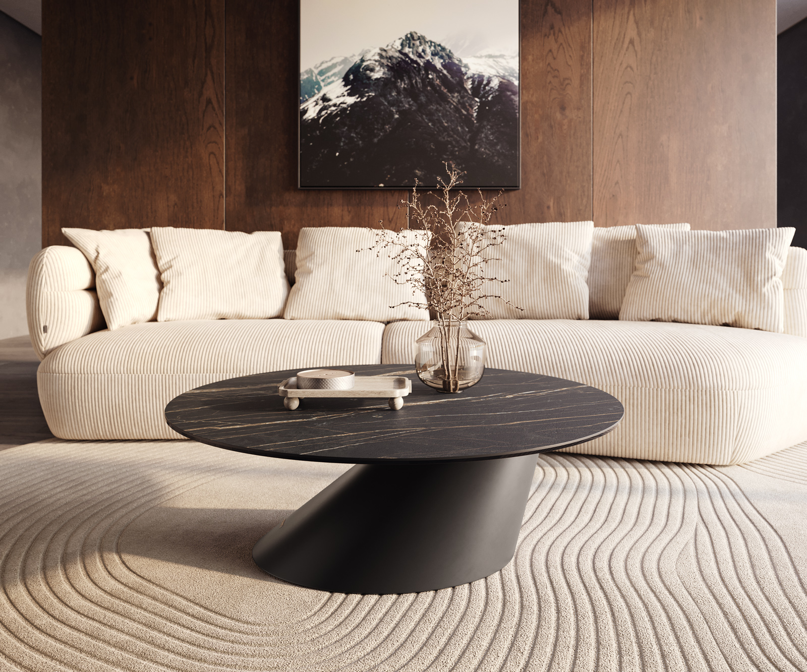 Dohányzóasztal Edge kerek 100x100 cm Laminam® kerámia Noir Desir barna Conis fém fekete - Image 6
