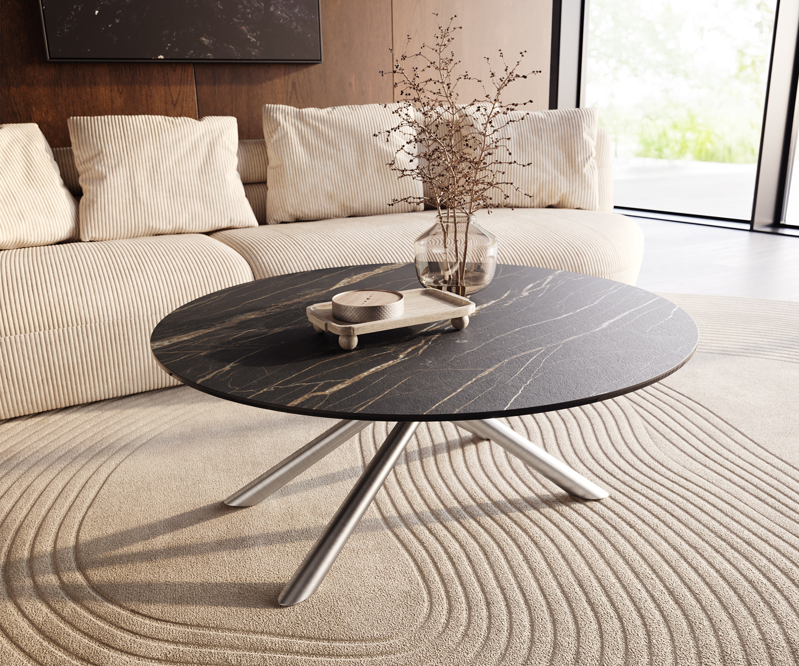 Dohányzóasztal Edge kerek 100x100 cm Laminam® kerámia Noir Desir barna rozsdamentes acél szálcsiszolt