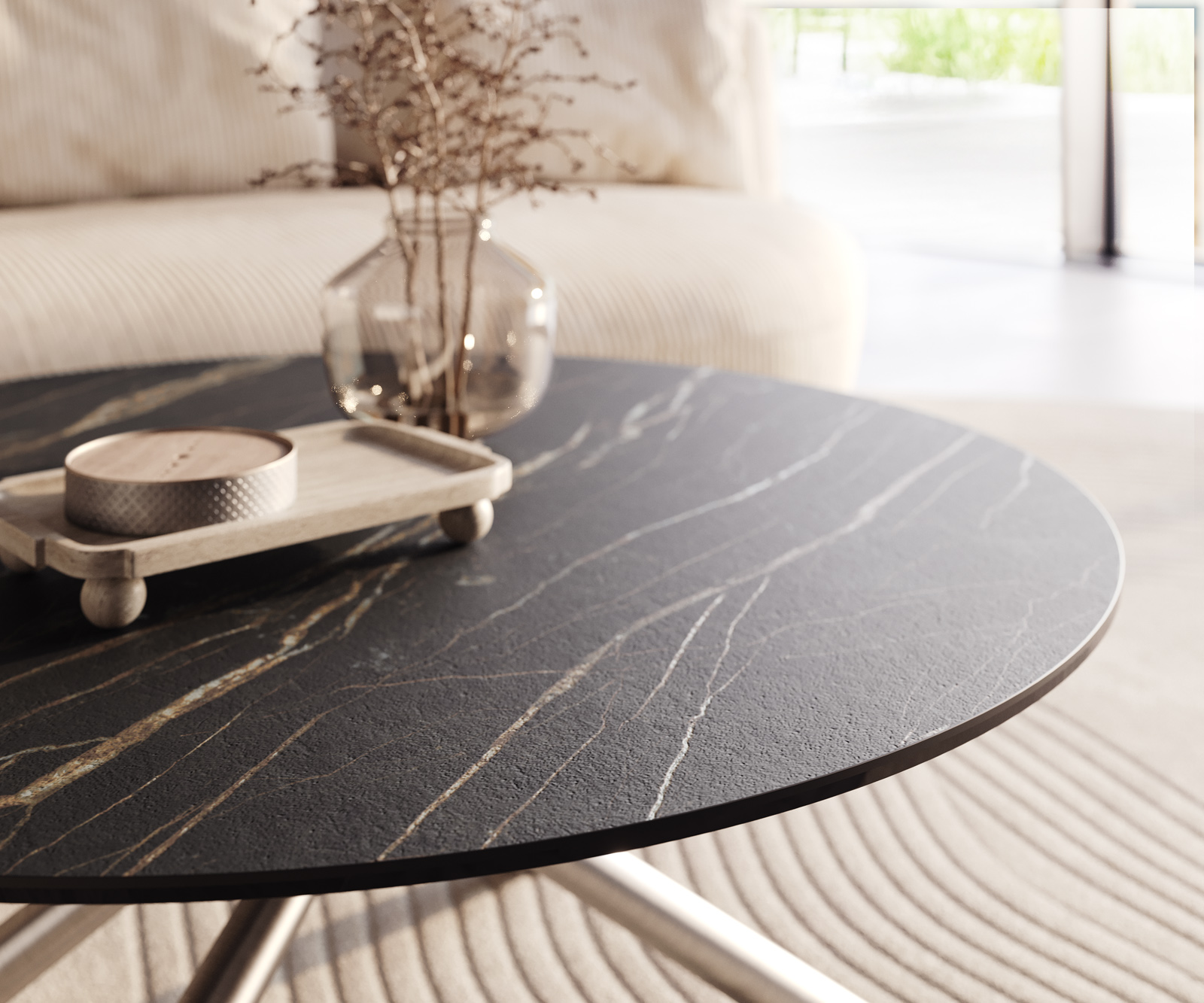 Dohányzóasztal Edge kerek 100x100 cm Laminam® kerámia Noir Desir barna rozsdamentes acél szálcsiszolt - Image 4