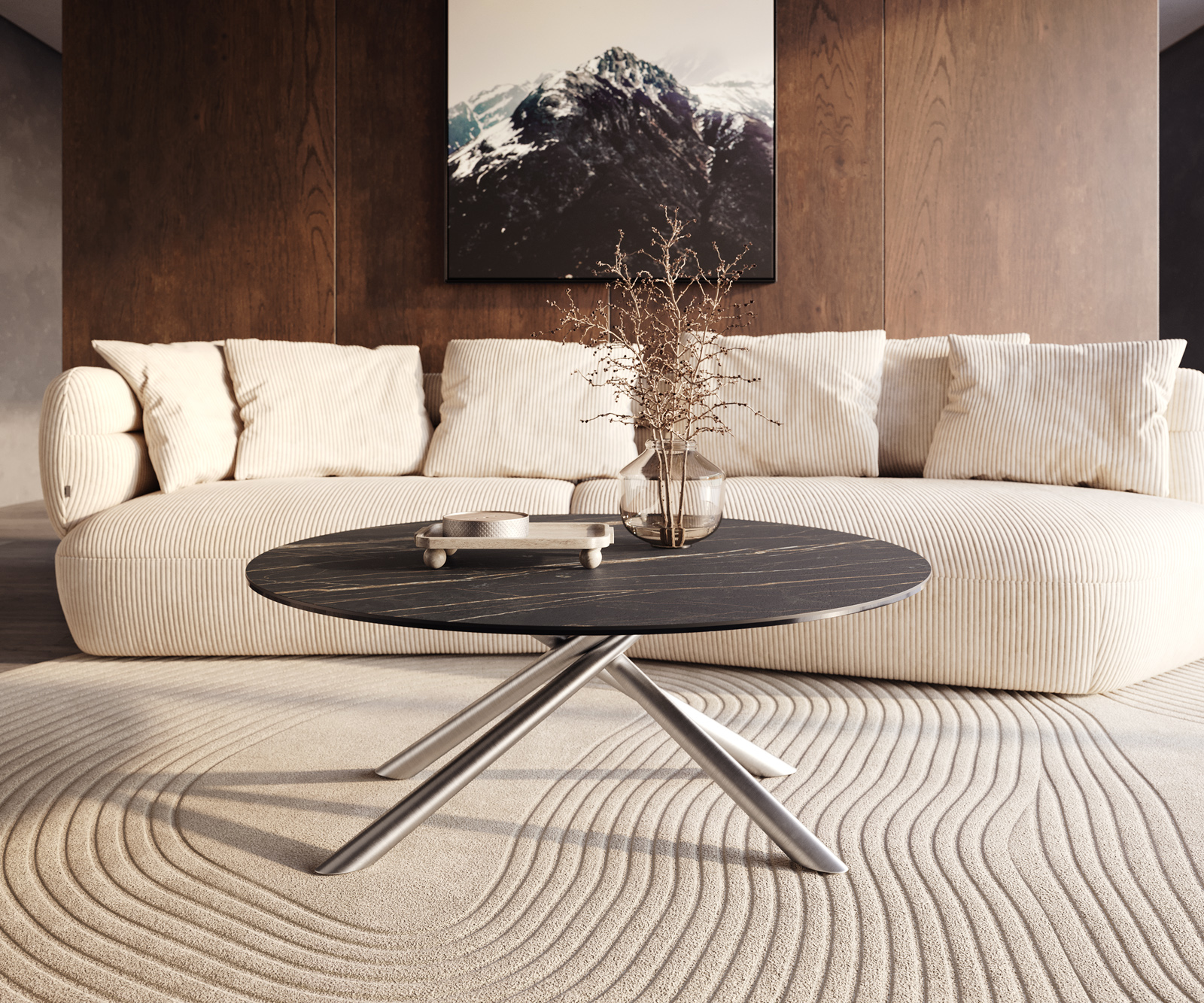 Dohányzóasztal Edge kerek 100x100 cm Laminam® kerámia Noir Desir barna rozsdamentes acél szálcsiszolt - Image 6
