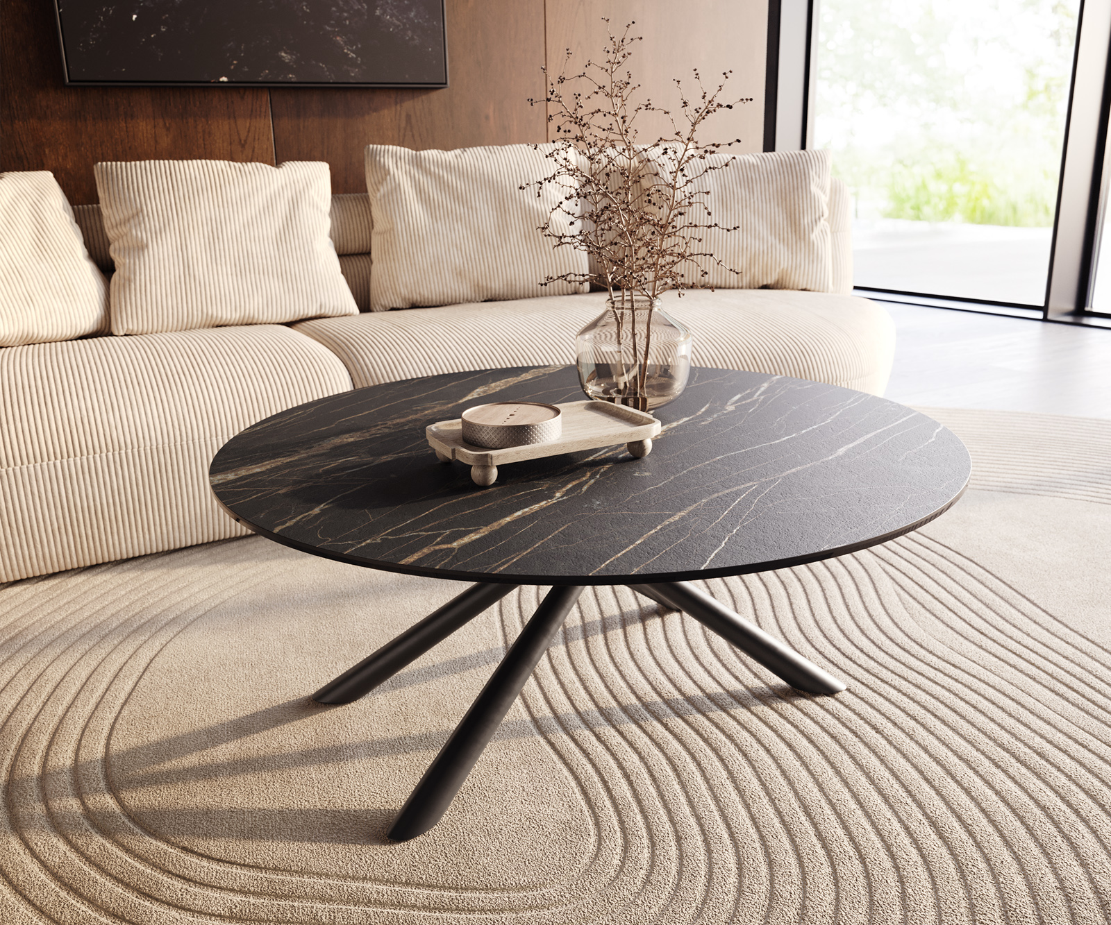 Dohányzóasztal Edge kerek 100x100 cm Laminam® kerámia Noir Desir barna Sarity fém fekete