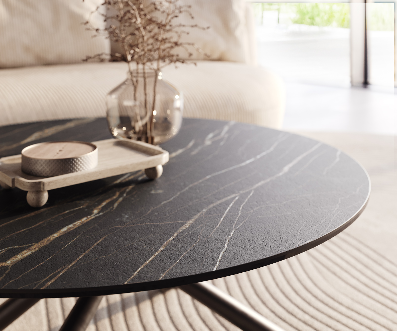 Dohányzóasztal Edge kerek 100x100 cm Laminam® kerámia Noir Desir barna Sarity fém fekete - Image 4