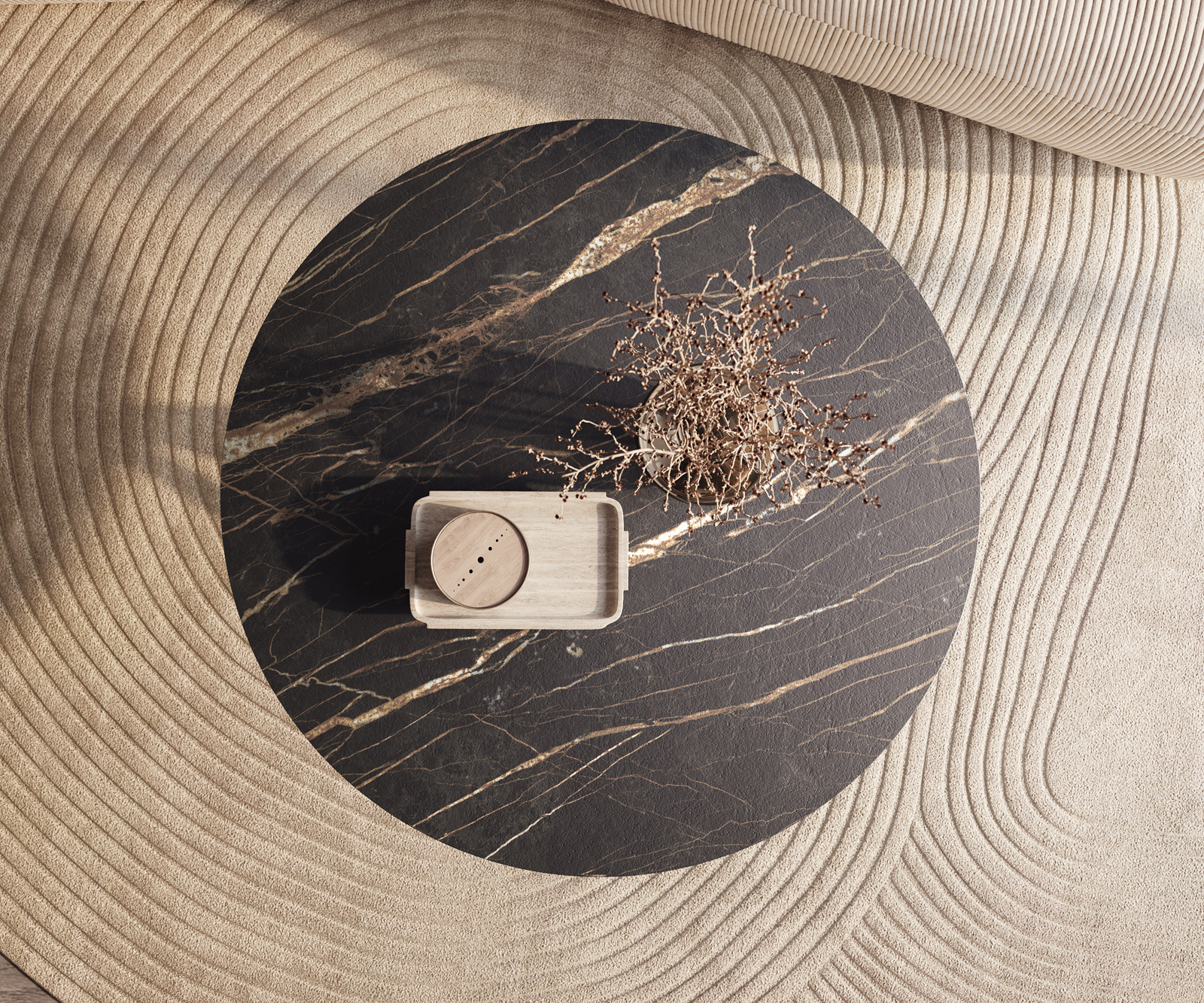 Dohányzóasztal Edge kerek 100x100 cm Laminam® kerámia Noir Desir barna Sarity fém fekete - Image 2
