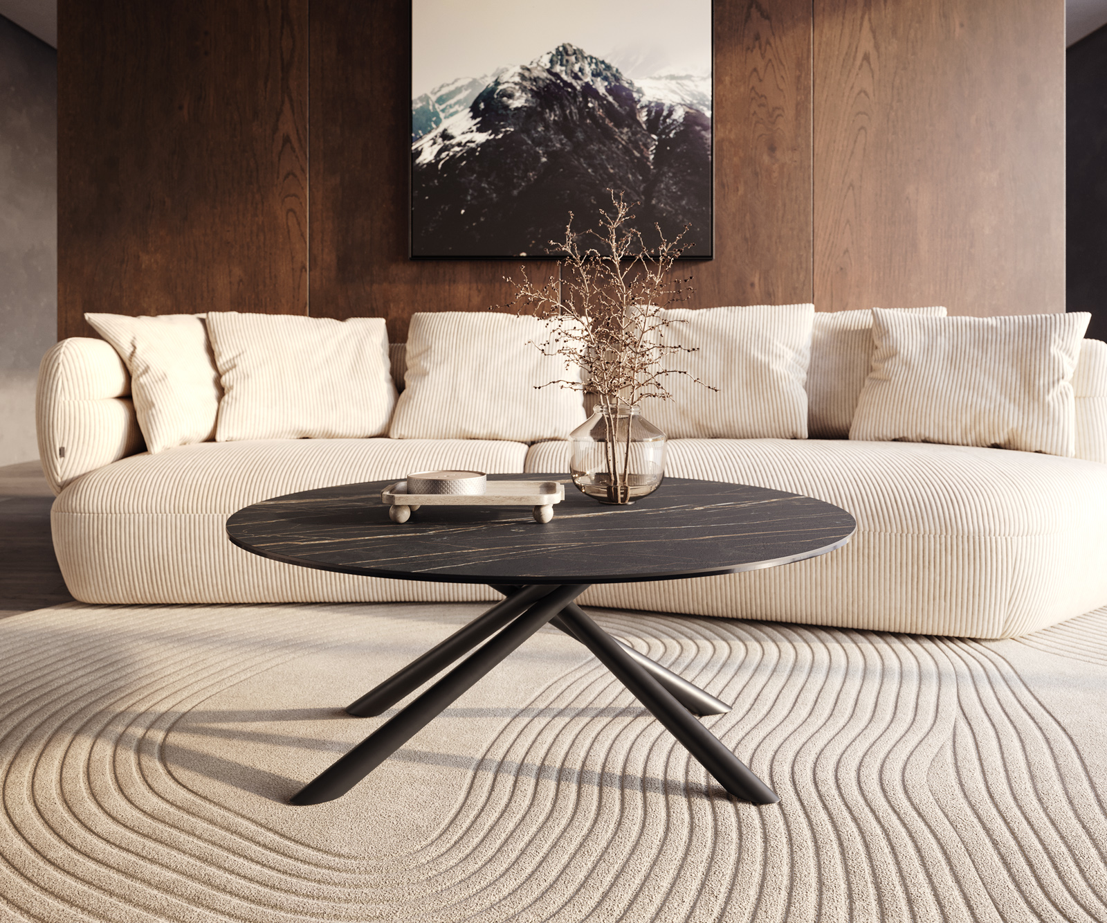 Dohányzóasztal Edge kerek 100x100 cm Laminam® kerámia Noir Desir barna Sarity fém fekete - Image 6