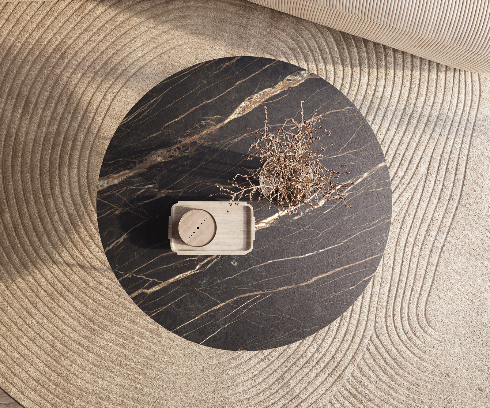 Dohányzóasztal Edge kerek 100x100 cm Laminam® kerámia Noir Desir barna Trive fém fekete - Image 2