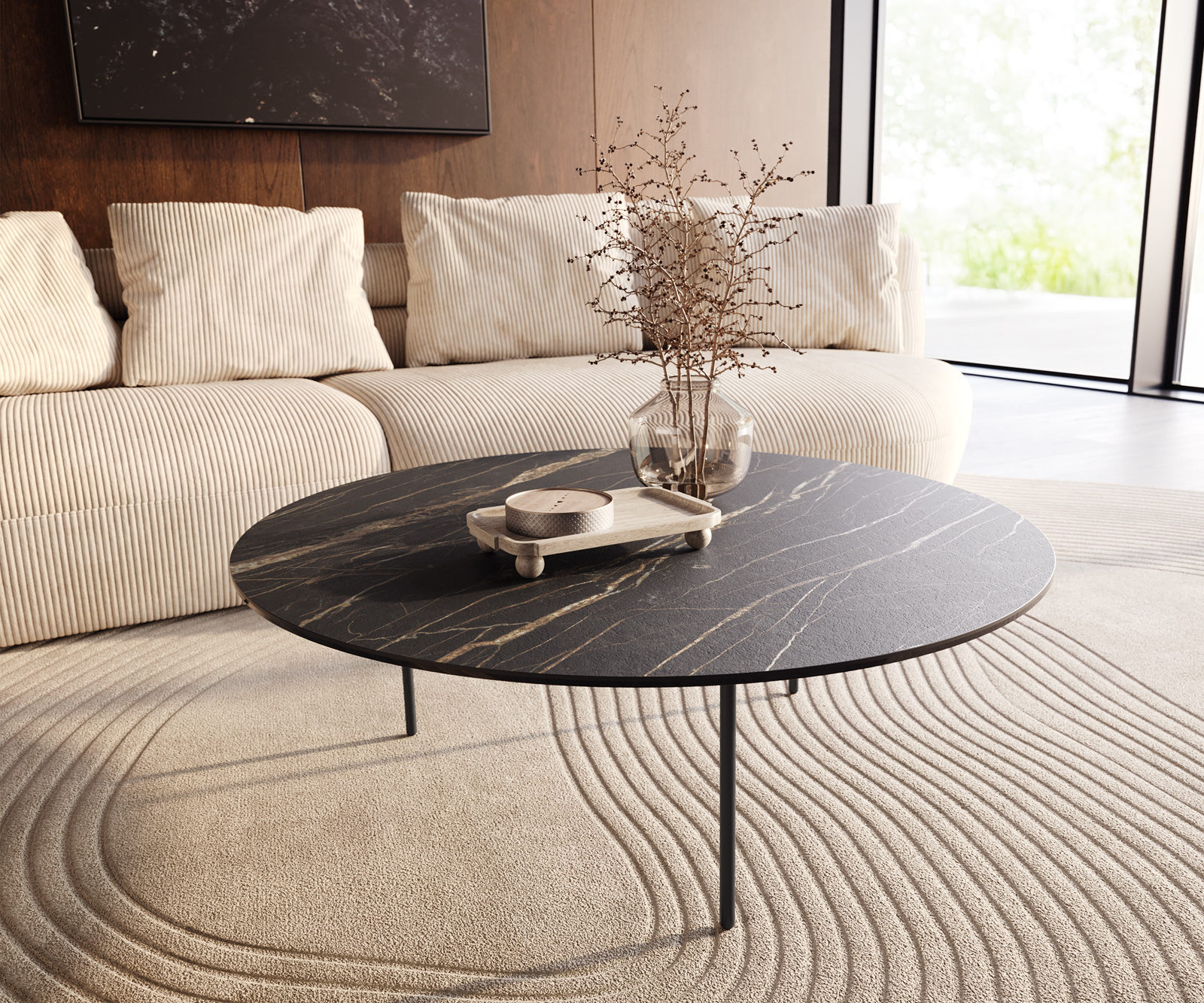 Dohányzóasztal Edge kerek 100x100 cm Laminam® kerámia Noir Desir barna Trive fém fekete