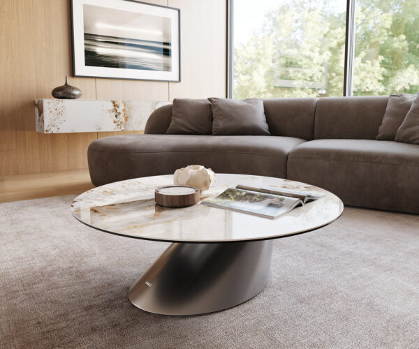 Dohányzóasztal Edge kerek 100x100 cm kerámia Minas Melange Conis rozsdamentes acél szálcsiszolt