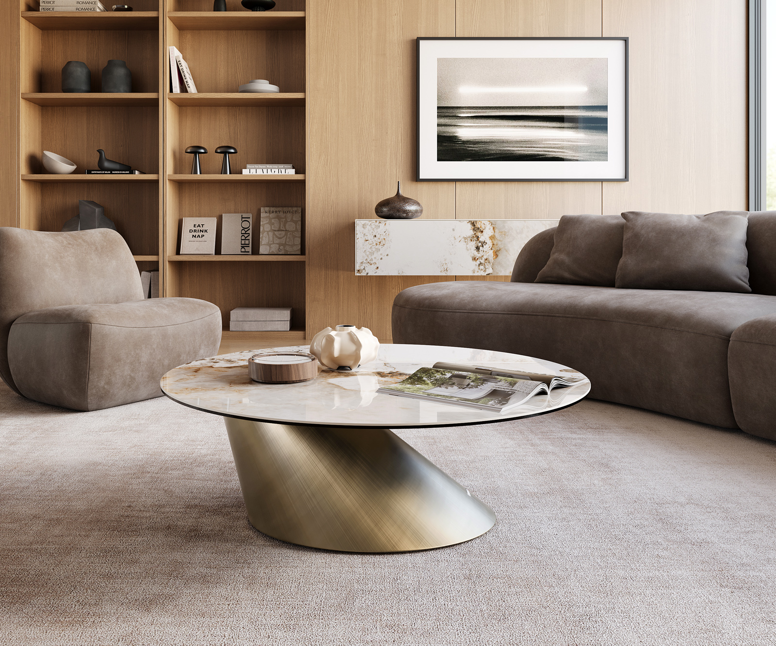 Dohányzóasztal Edge kerek 100x100 cm kerámia Minas Melange Conis metál arany - Image 2