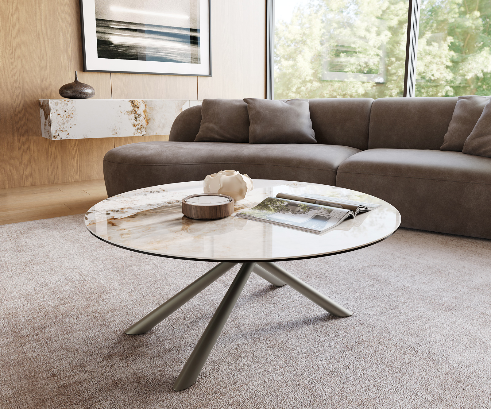 Dohányzóasztal Edge kerek 100x100 cm kerámia Minas Melange Sarity fém titán színű effektfinish