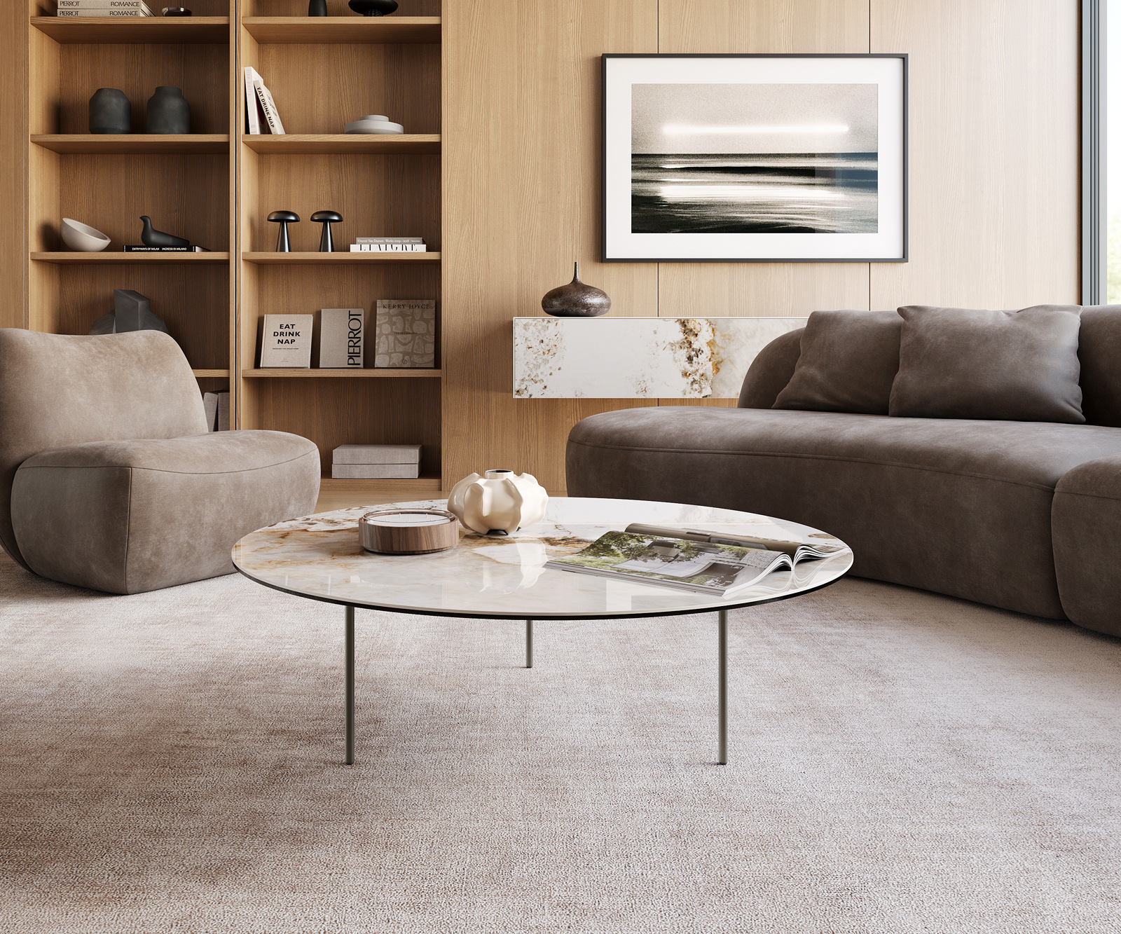 Dohányzóasztal Edge kerek 100x100 cm kerámia Minas Melange Trive fém titán színű effektfinish - Image 6