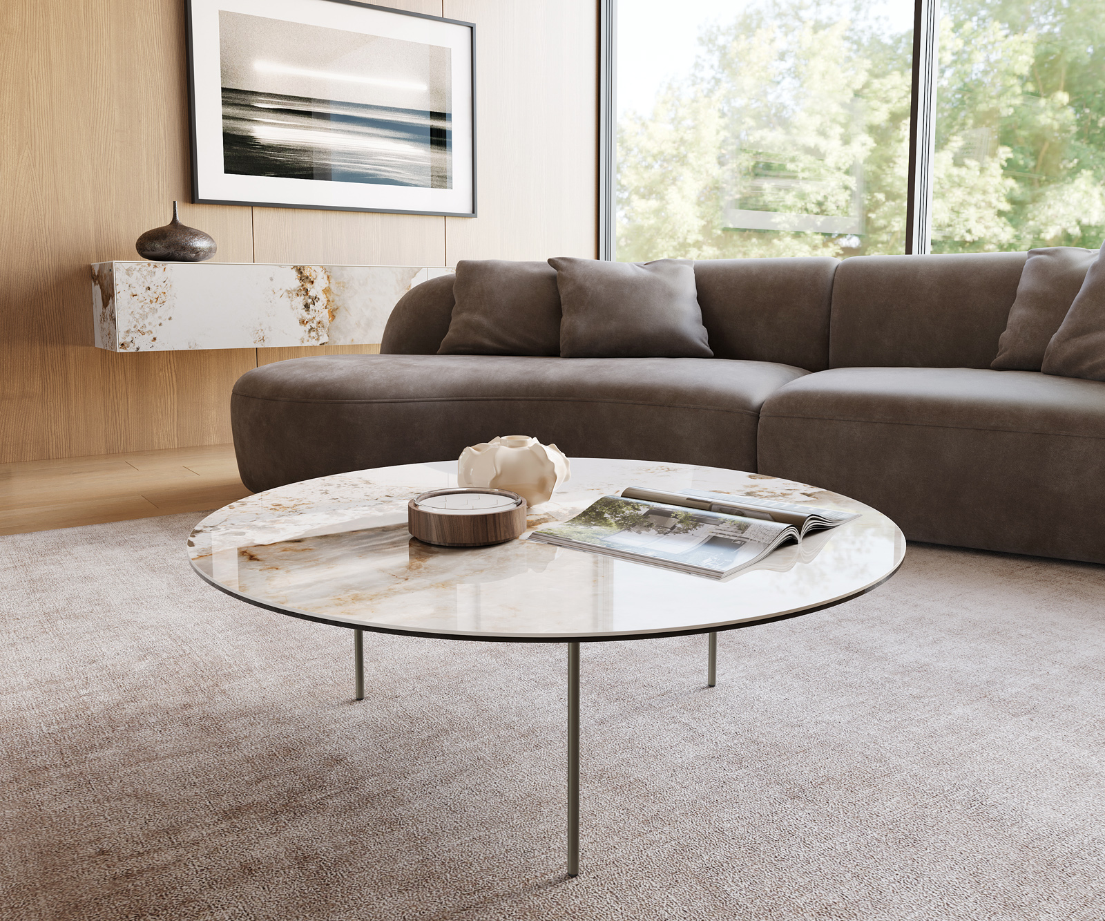 Dohányzóasztal Edge kerek 100x100 cm kerámia Minas Melange Trive fém titán színű effektfinish