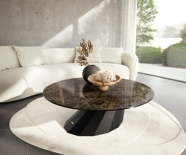 Dohányzóasztal Edge kerek 100x100 cm Laminam® Emperador Extra Lucidato kerámia sötétbarna Parabi fém fekete