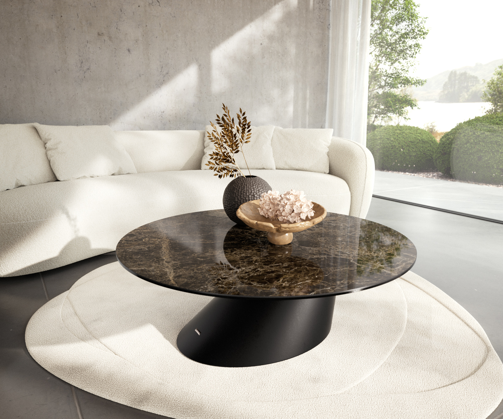 Dohányzóasztal Edge kerek 100x100 cm Laminam® Emperador Extra Lucidato kerámia sötétbarna kúpos fém fekete