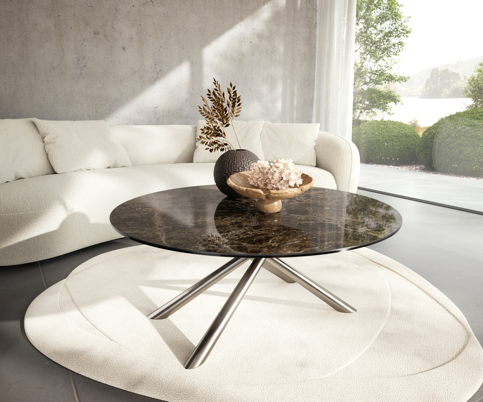Dohányzóasztal Edge kerek 100x100 cm Laminam® Emperador Extra Lucidato sötétbarna Sarity rozsdamentes acél szálcsiszolt