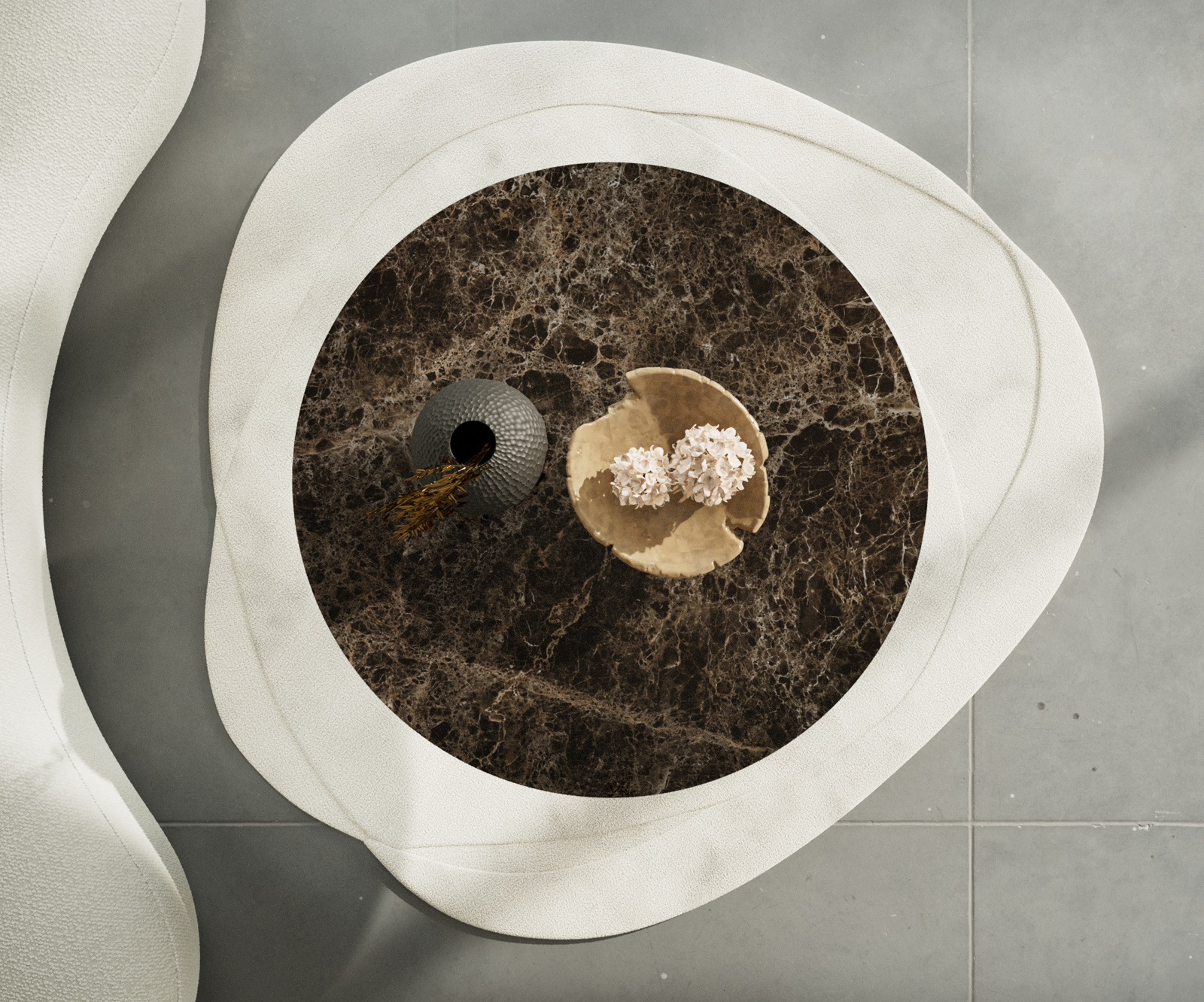 Dohányzóasztal Edge kerek 100x100 cm Laminam® Emperador extra polírozott sötétbarna Trive rozsdamentes acél szálcsiszolt - Image 4