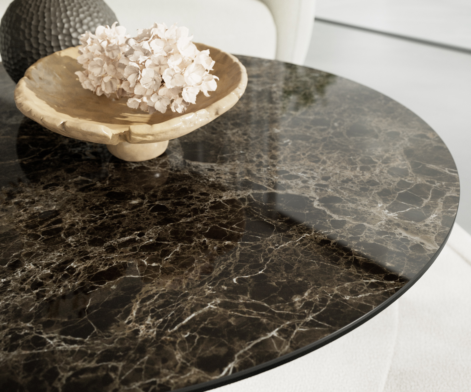 Dohányzóasztal Edge kerek 100x100 cm Laminam® Emperador extra polírozott sötétbarna Trive rozsdamentes acél szálcsiszolt - Image 6