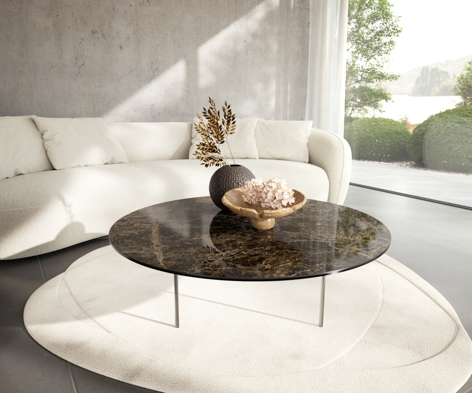 Dohányzóasztal Edge kerek 100x100 cm Laminam® Emperador extra polírozott sötétbarna Trive rozsdamentes acél szálcsiszolt - Image 2