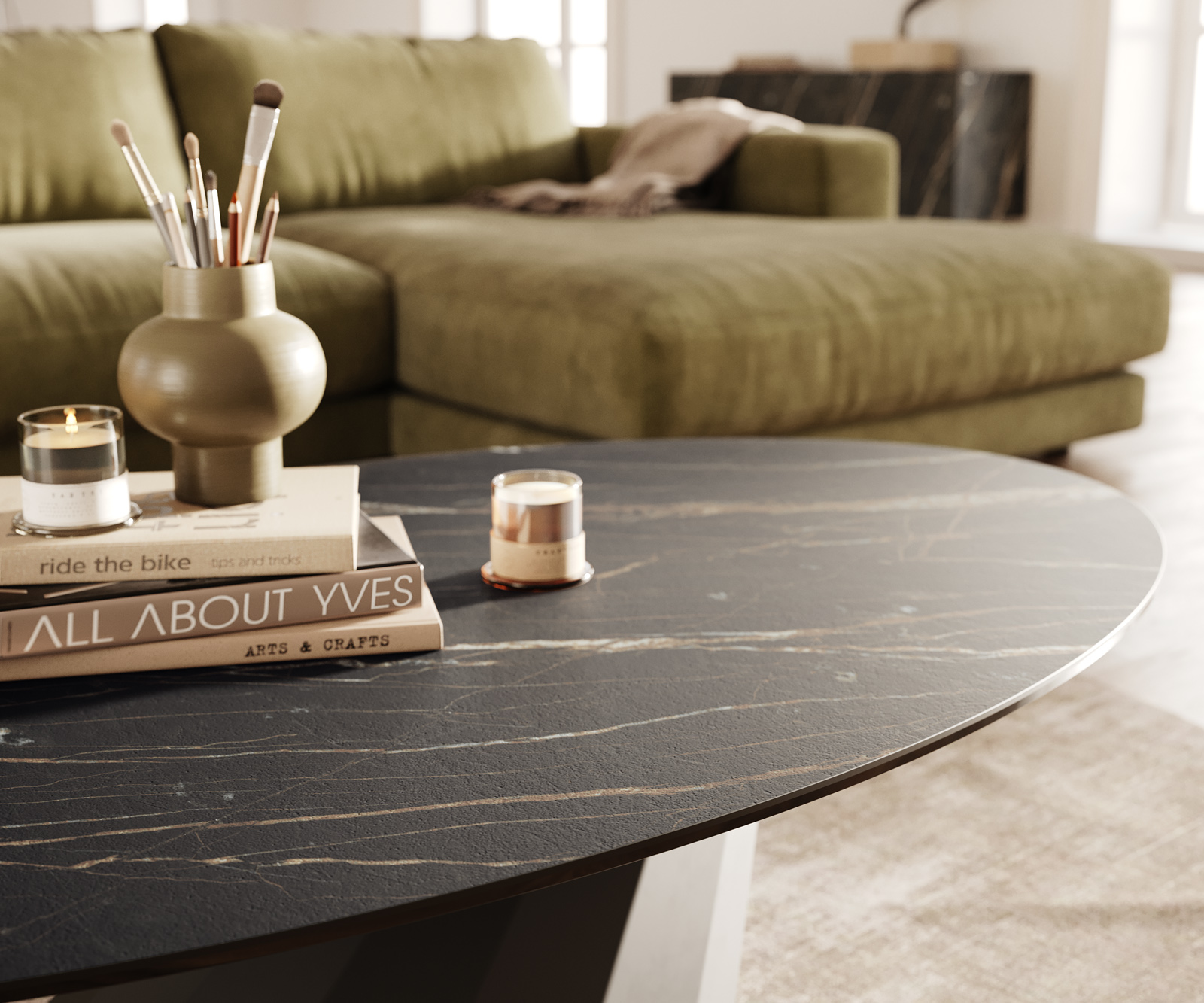 Dohányzóasztal Edge ovális 140x80 cm Laminam® kerámia Noir Desir barna Parabi fém fekete - Image 6