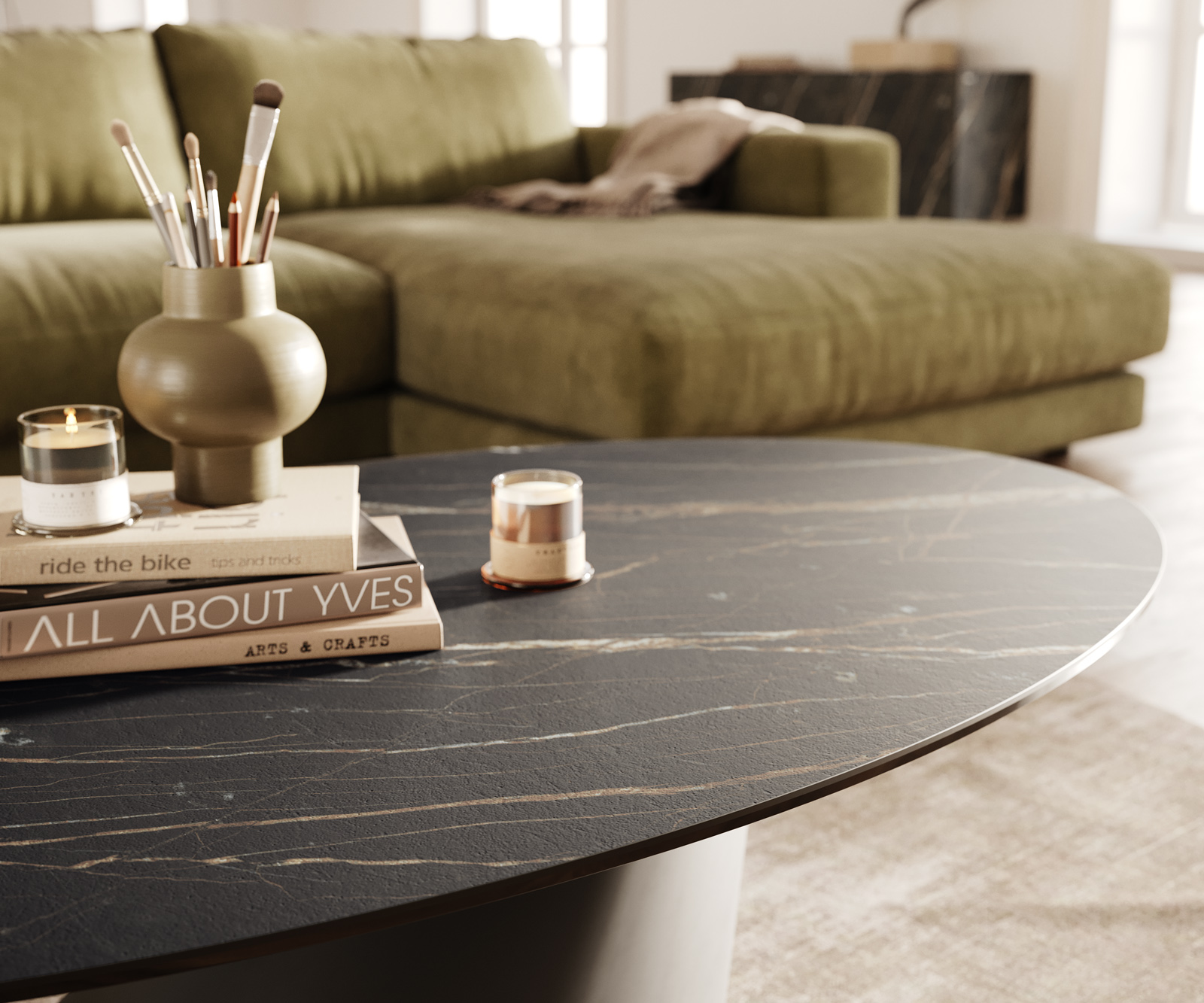 Dohányzóasztal Edge ovális 140x80 cm Laminam® kerámia Noir Desir barna Conis fém fekete - Image 6