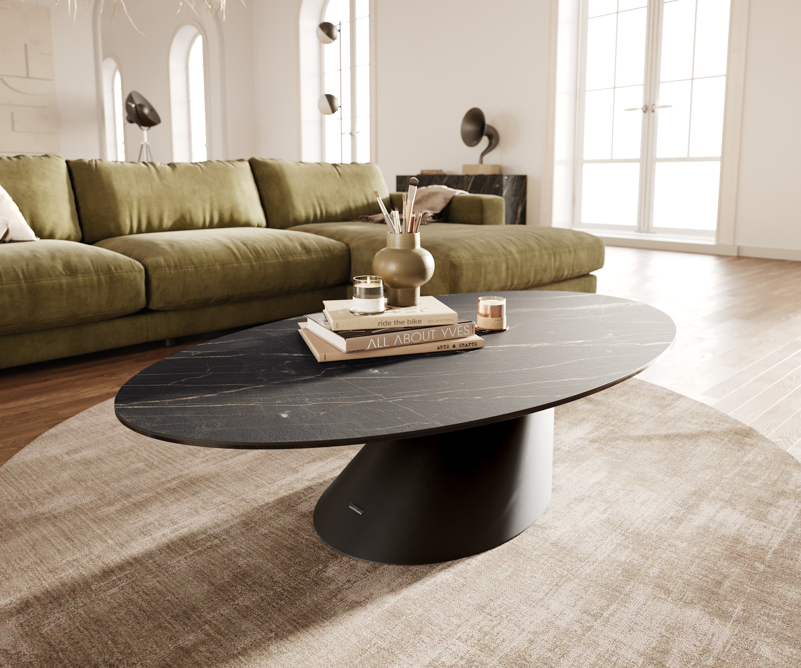 Dohányzóasztal Edge ovális 140x80 cm Laminam® kerámia Noir Desir barna Conis fém fekete