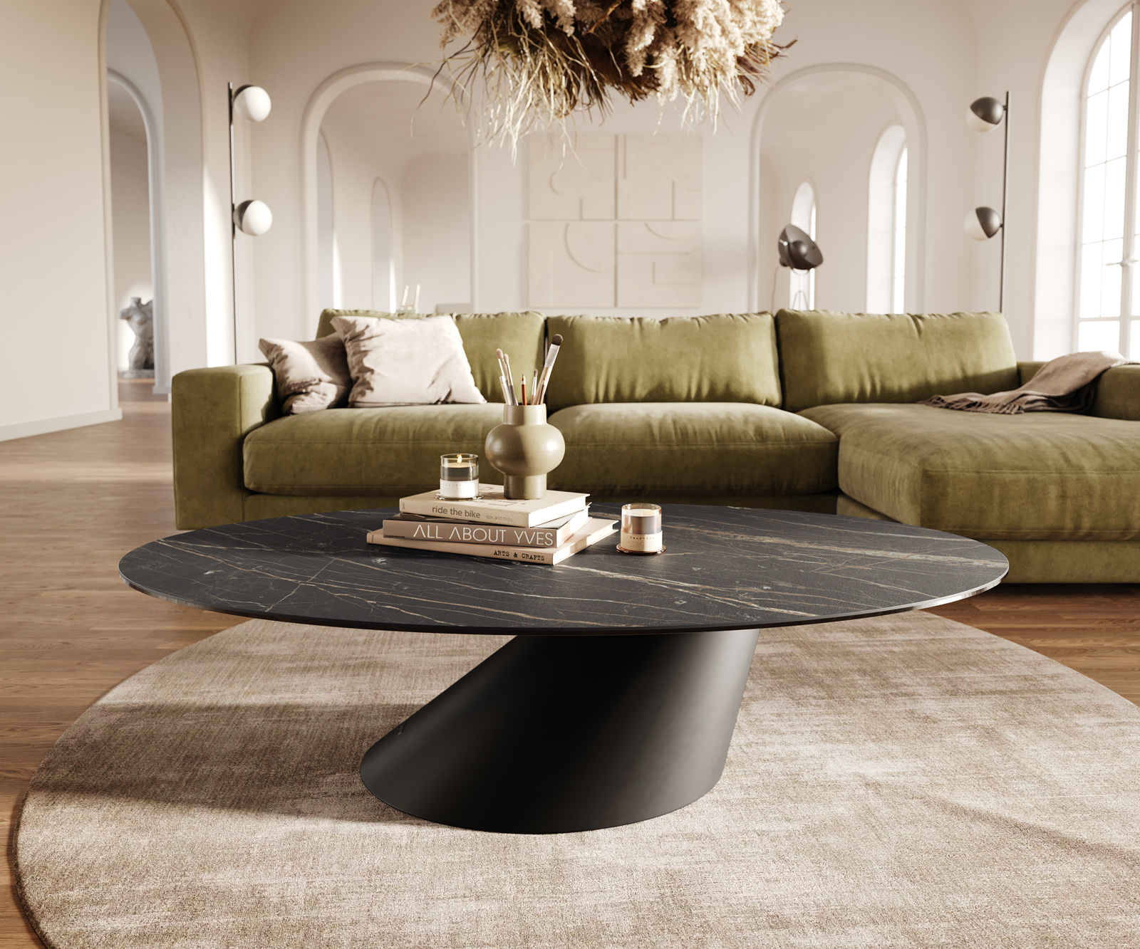 Dohányzóasztal Edge ovális 140x80 cm Laminam® kerámia Noir Desir barna Conis fém fekete - Image 2